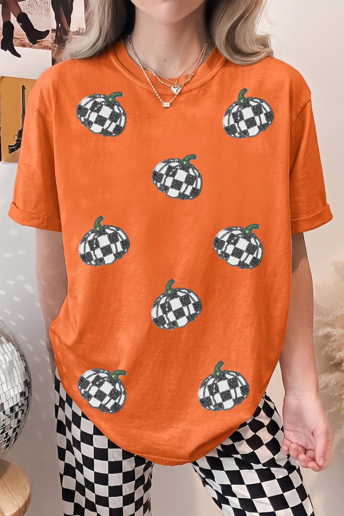 Orange Sequin Pumpkin Print Round Neck Short Sleeve Casual T-Shirt
