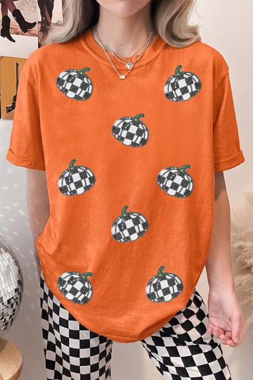 Orange Sequin Pumpkin Print Round Neck Short Sleeve Casual T-Shirt