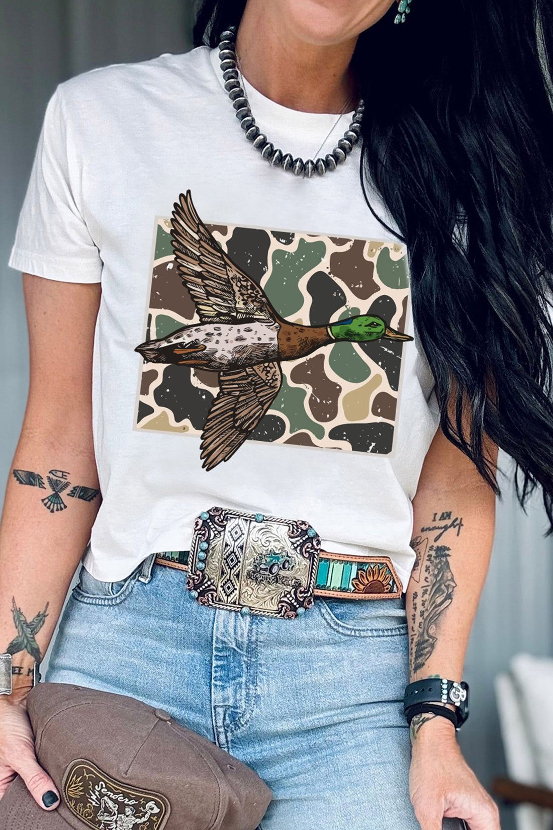 White Western Camo Mallard Duck Graphic Casual Short Sleeve T-Shirt