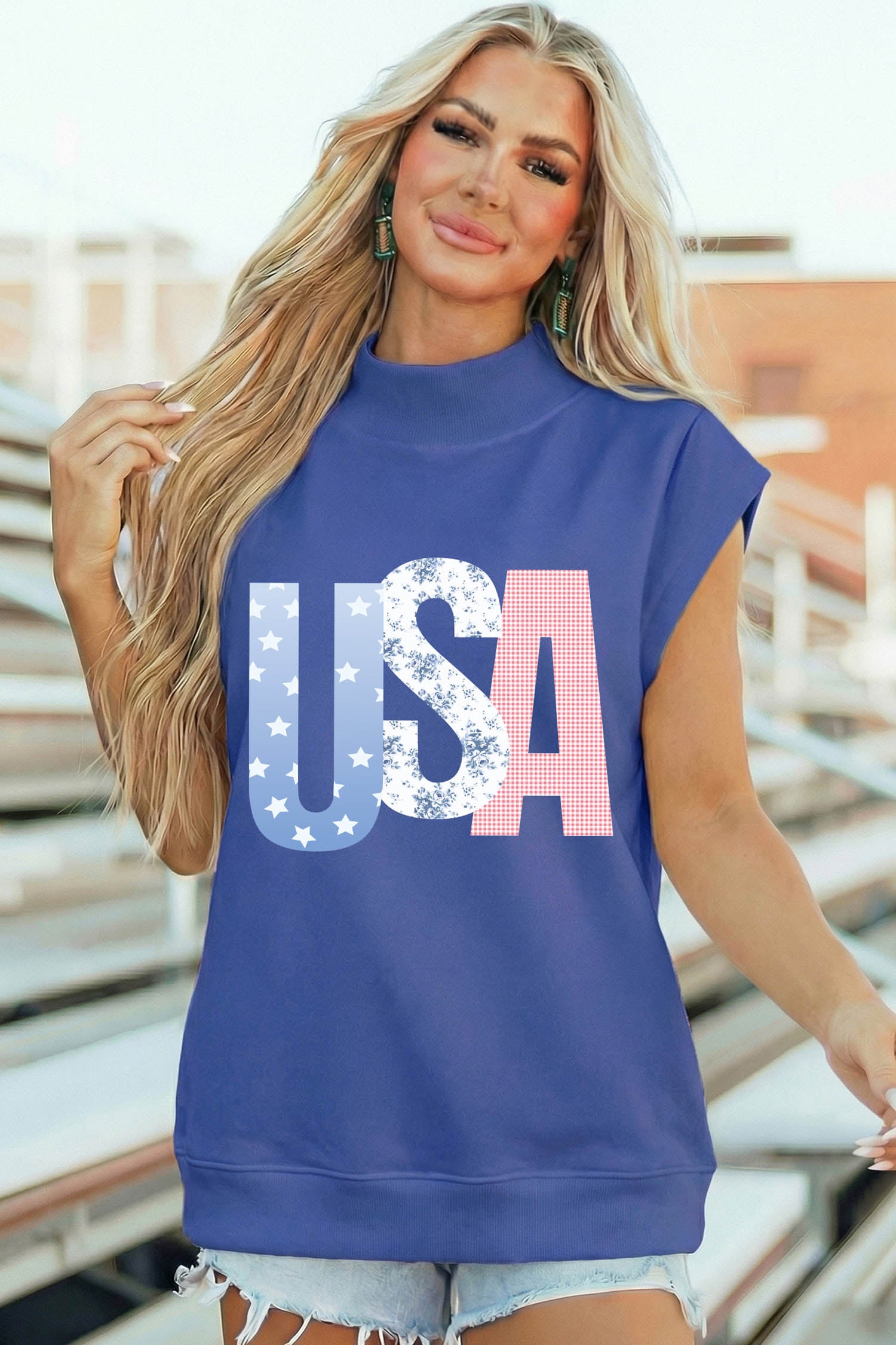 Sky Blue Mixed Pattern USA Letter Print Mock Neck Short Sleeve Top