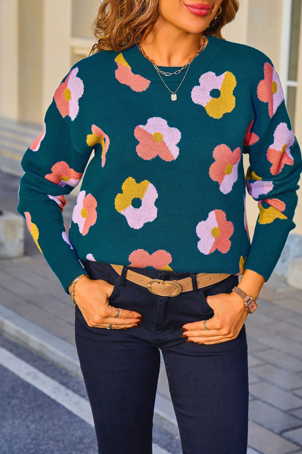 Blue Color Block Flower Cute Pattern Drop Shoulder Bulk Sweater