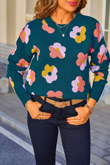 Blue Color Block Flower Cute Pattern Drop Shoulder Bulk Sweater