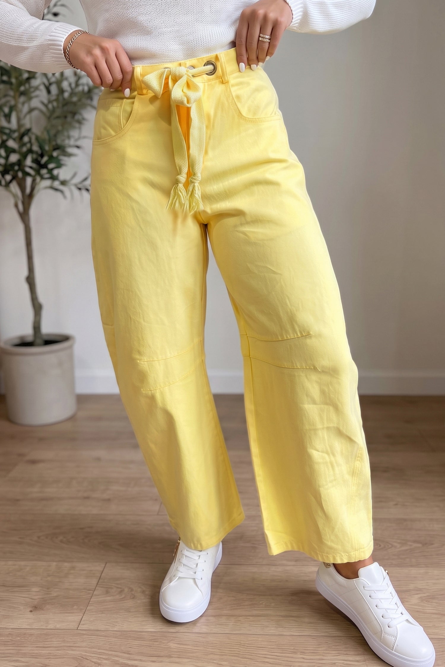 Yellow Solid Color Grommet Detail Knot Waist Barrel Jeans