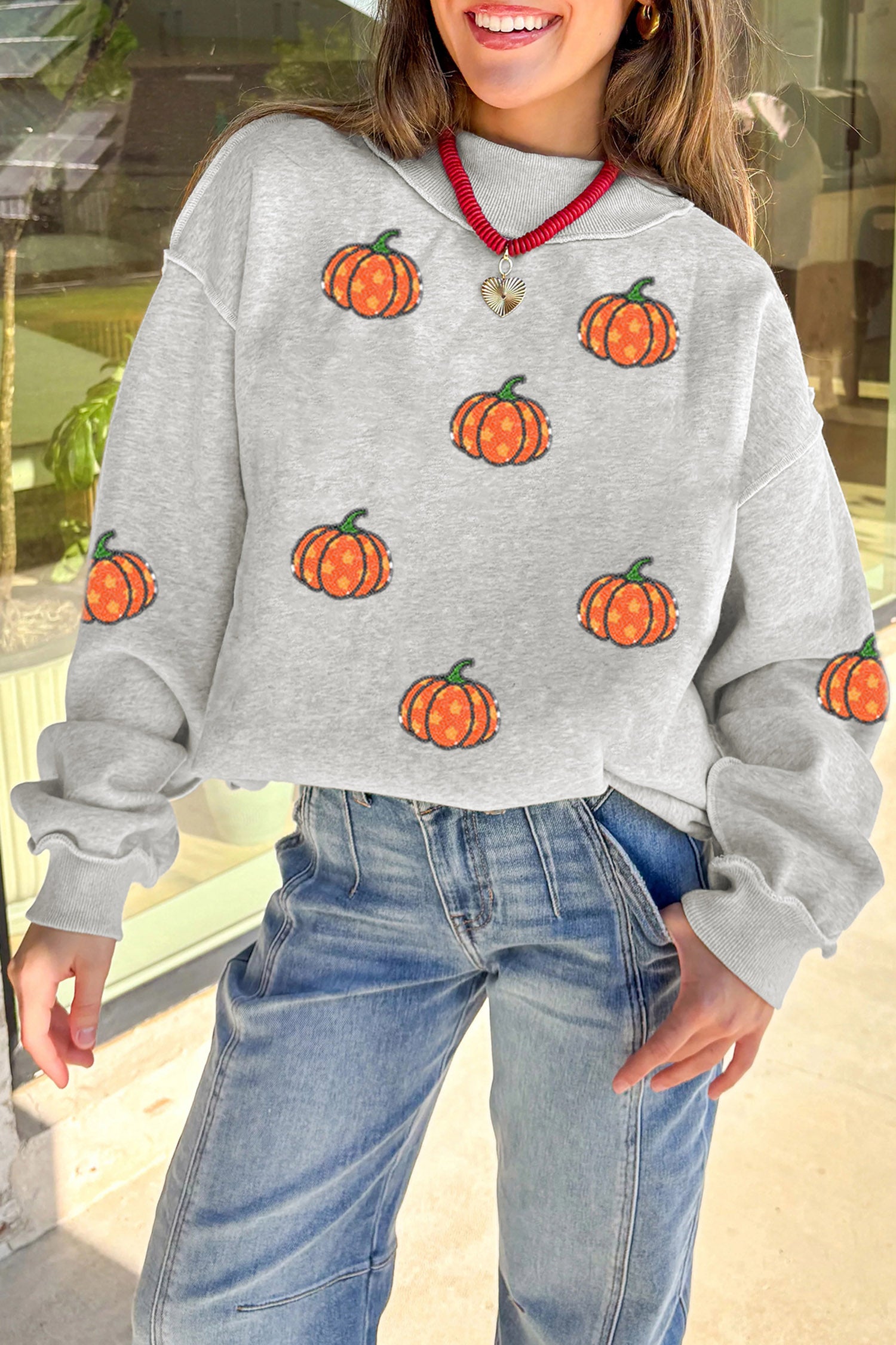 Light Grey Sequin Star Pumpkin Graphic Exposed Seam Mock Neck Sweatshirt
