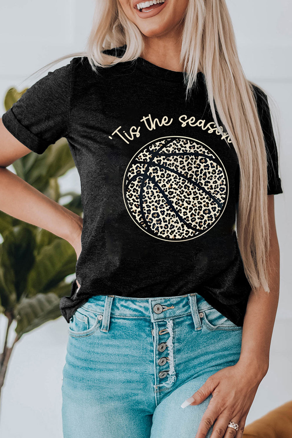 Black Leopard Basketball Printed Crew Neck Tee