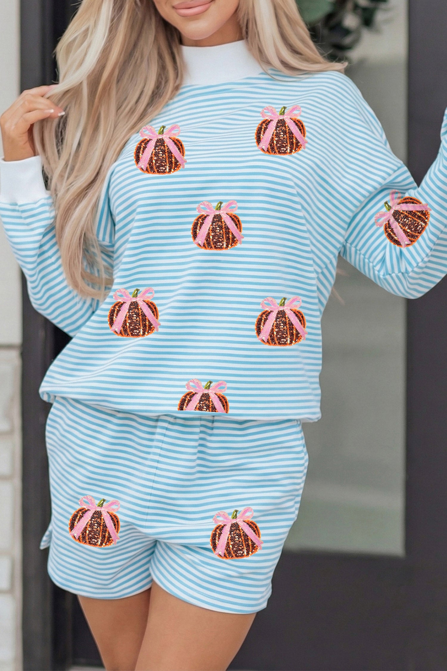 Sky Blue Stripe Sequined Pumpkin Baggy Pullover Casual Shorts Two-Piece Set
