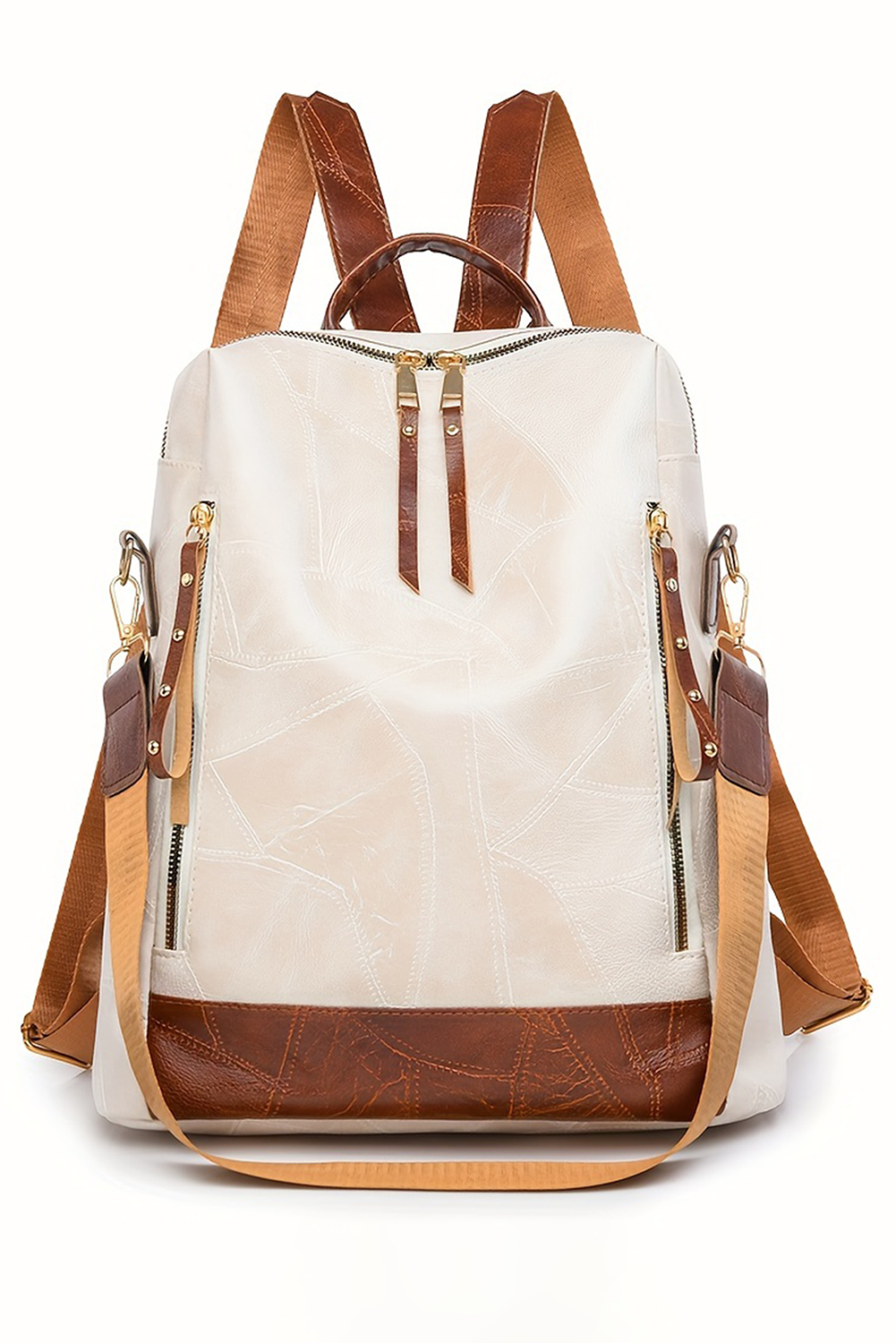 White Multi Compartment Zipper PU Leather Large Capacity Backpack