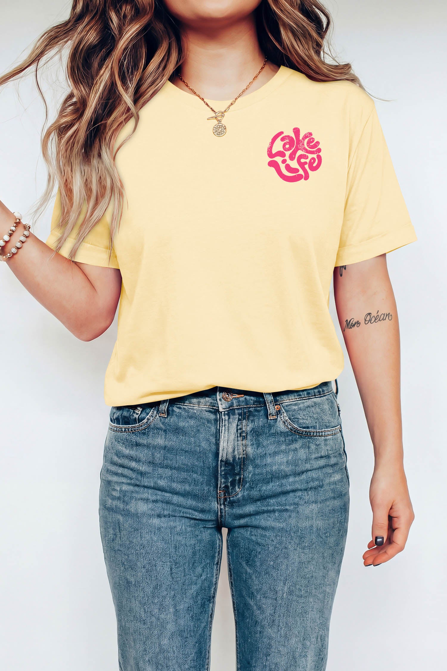 Yellow Cream Casual Round Neck Short Sleeve Slogan Print Loose Fit T-shirt