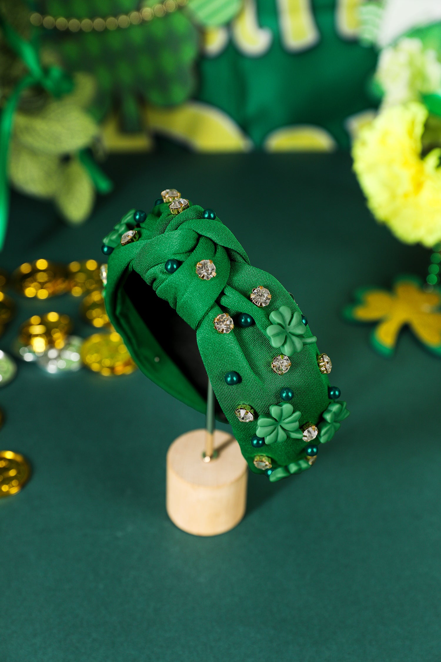 Dark Green Pearl Bead Rhinestone Embellished Lucky Clover Knotted Headband