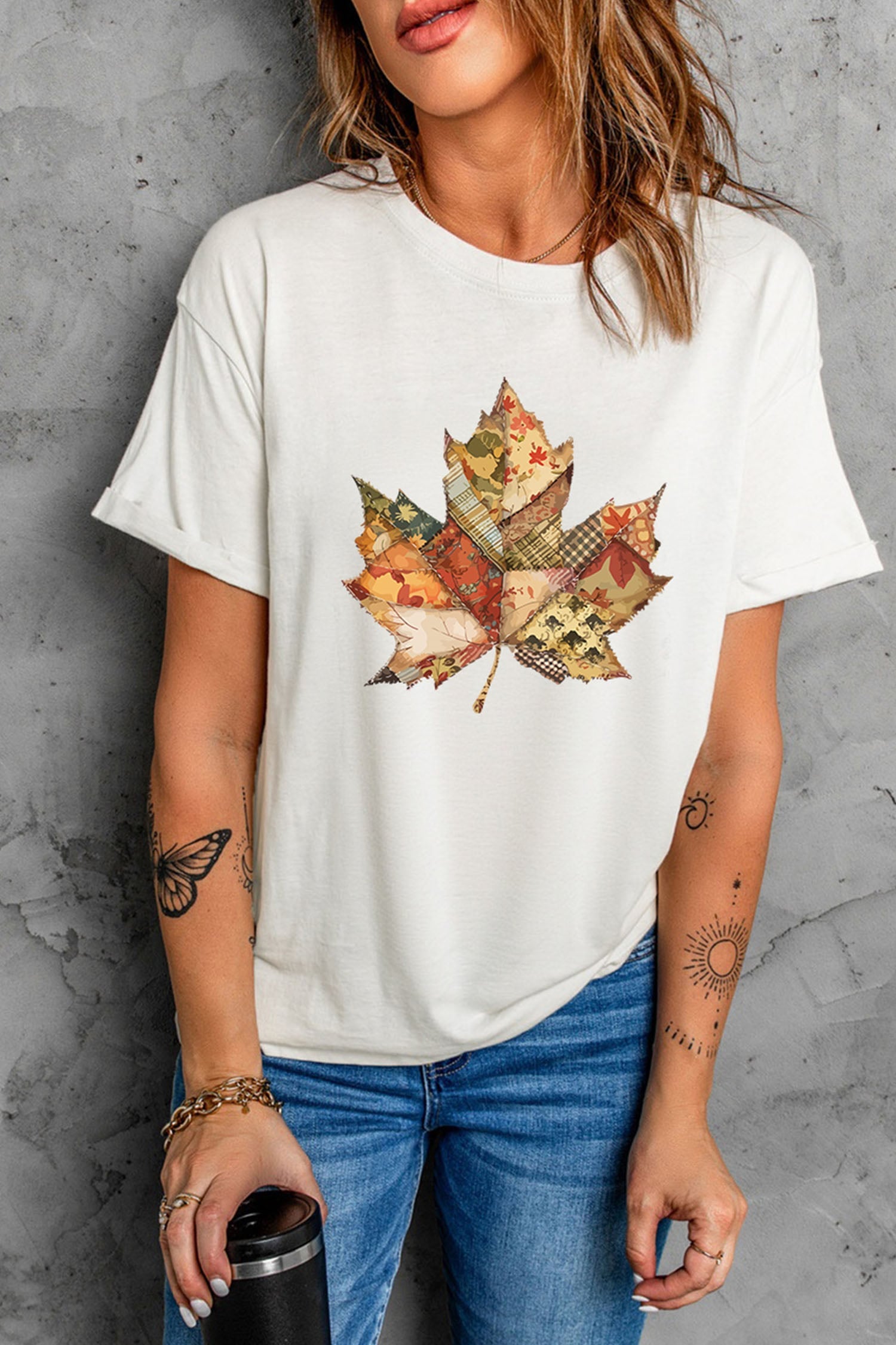 White Patchwork Maple Leaf Print Round Neck Casual T-Shirt