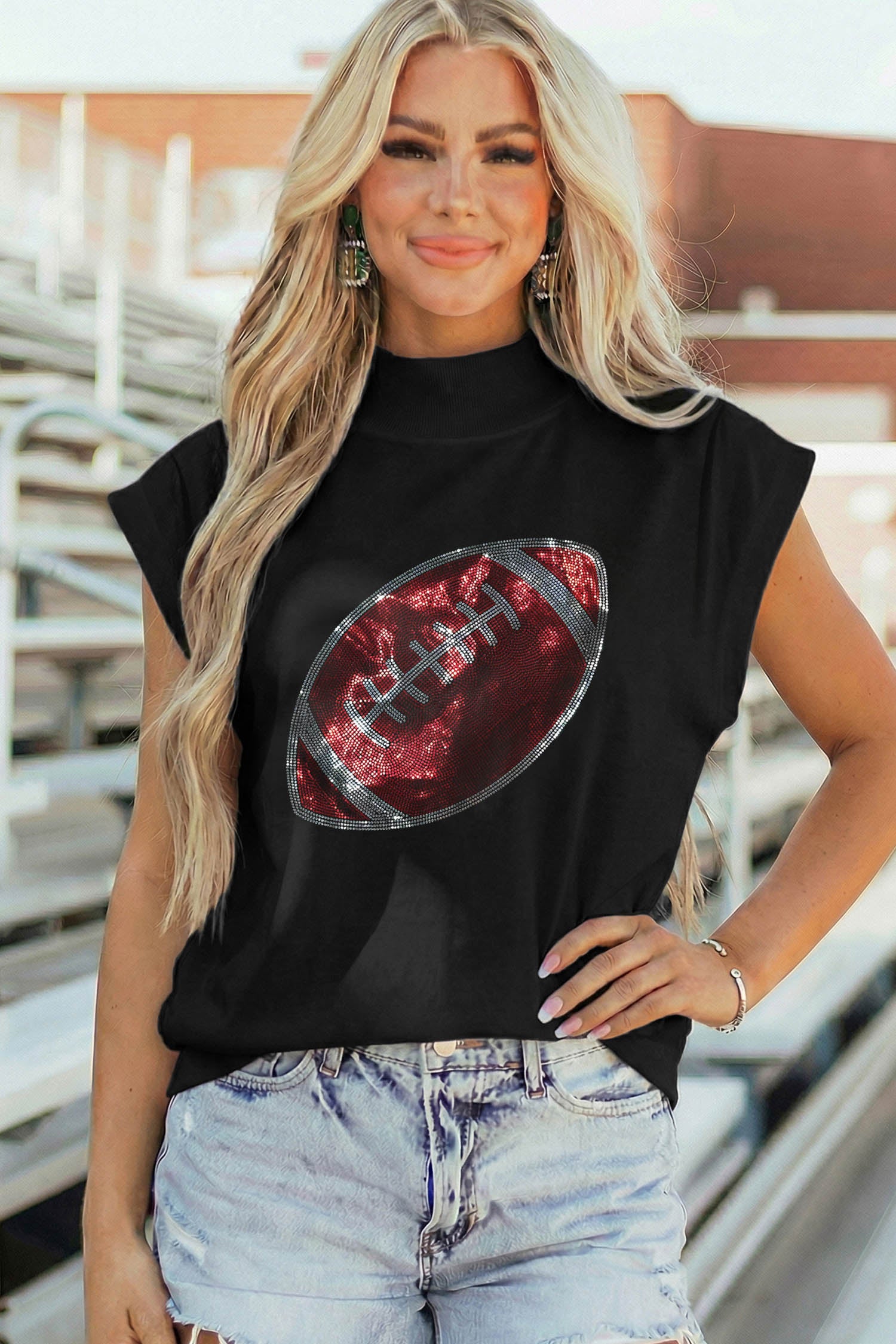 Black Rhinestone Rugby Football Pattern High Neck Short Sleeve Top