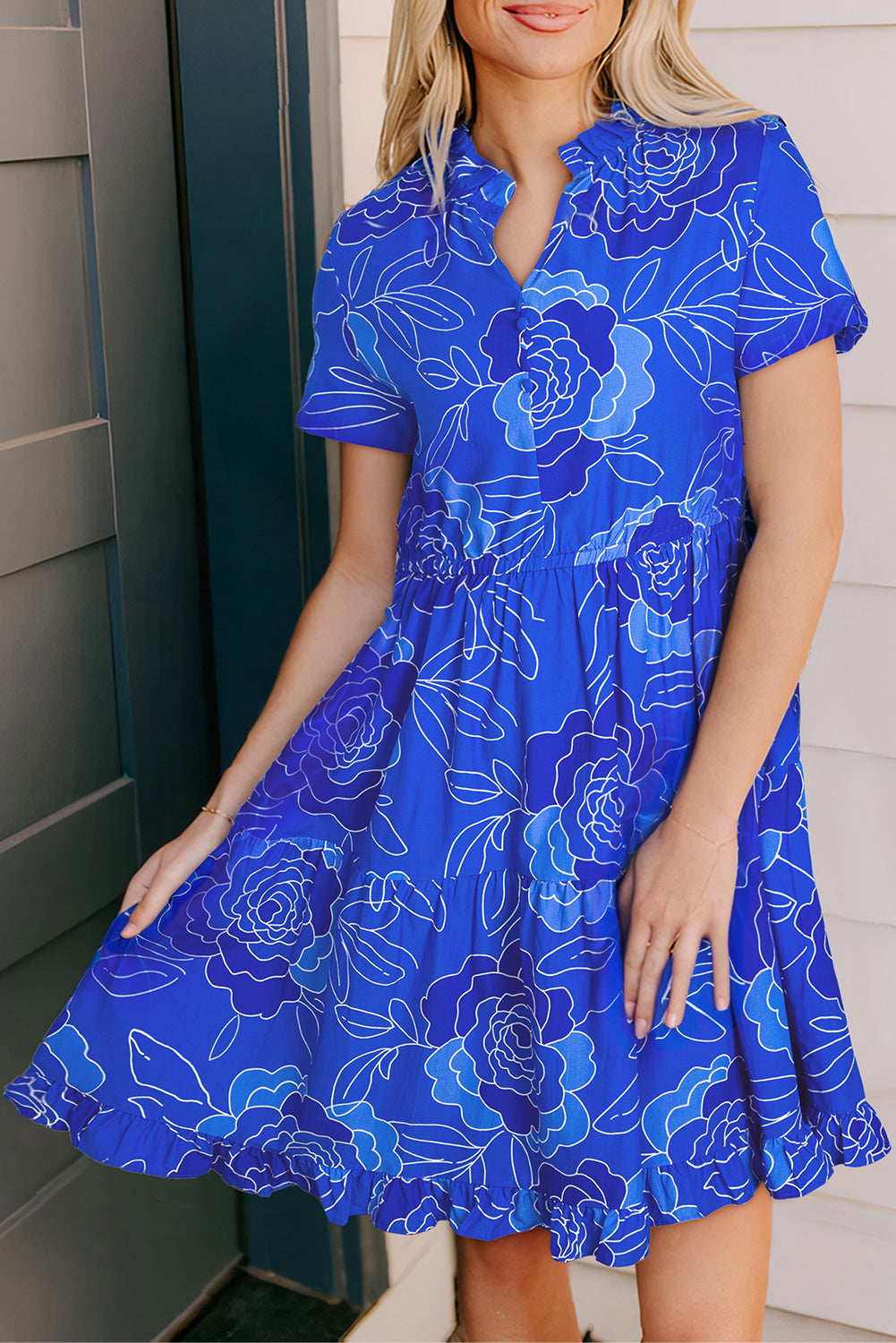 Blue Floral Ruffled Hem V Neck Short Sleeve Flowy Mini Dress