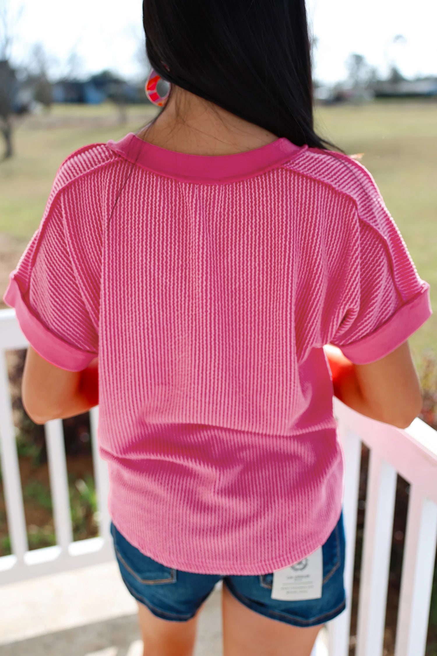 Rose Red Twisted Rib Sequin Patriotic Balloon Dog V Neck Tee