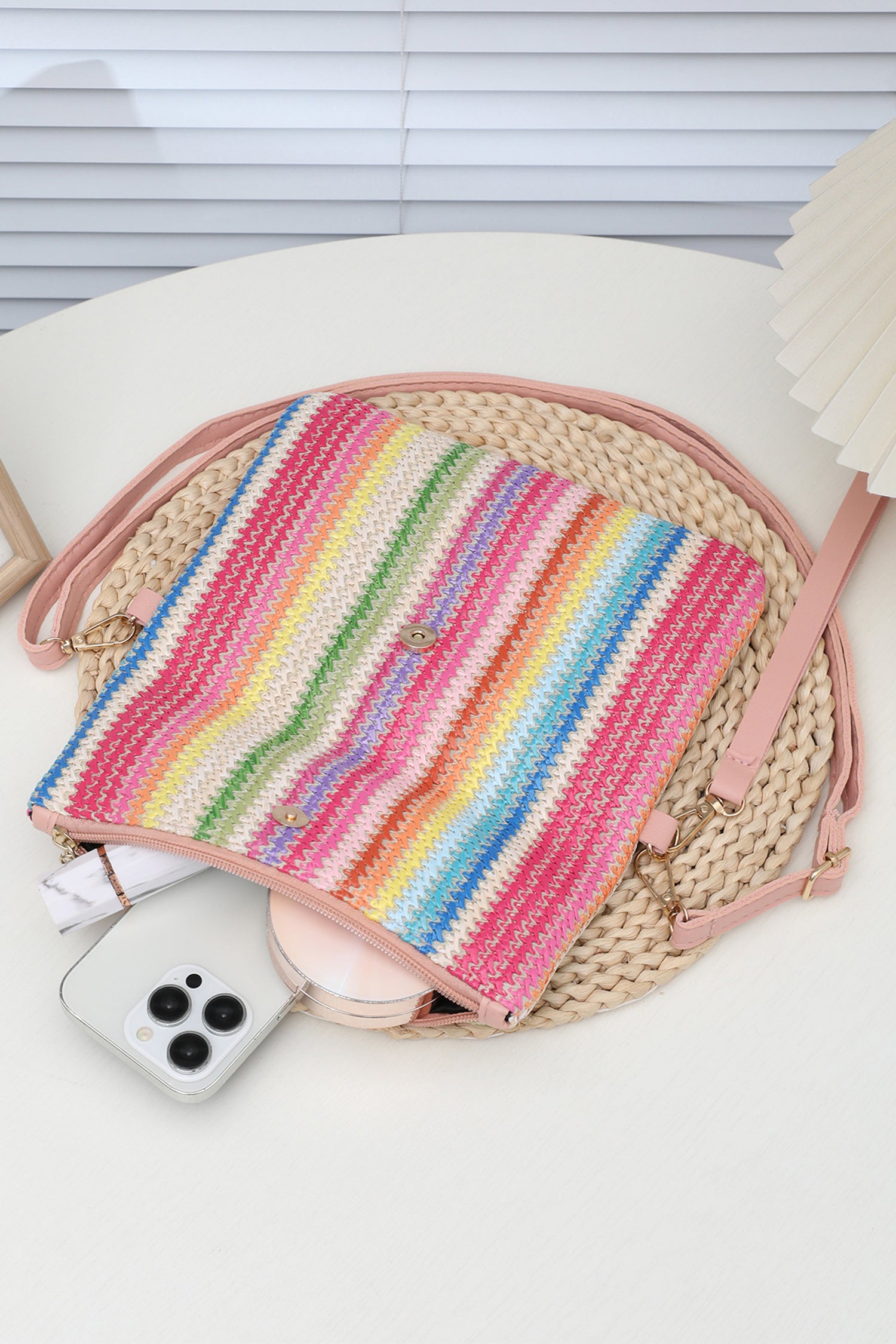Pink Striped Straw Woven Zip Folded Magnetic Button Shoulder Bag