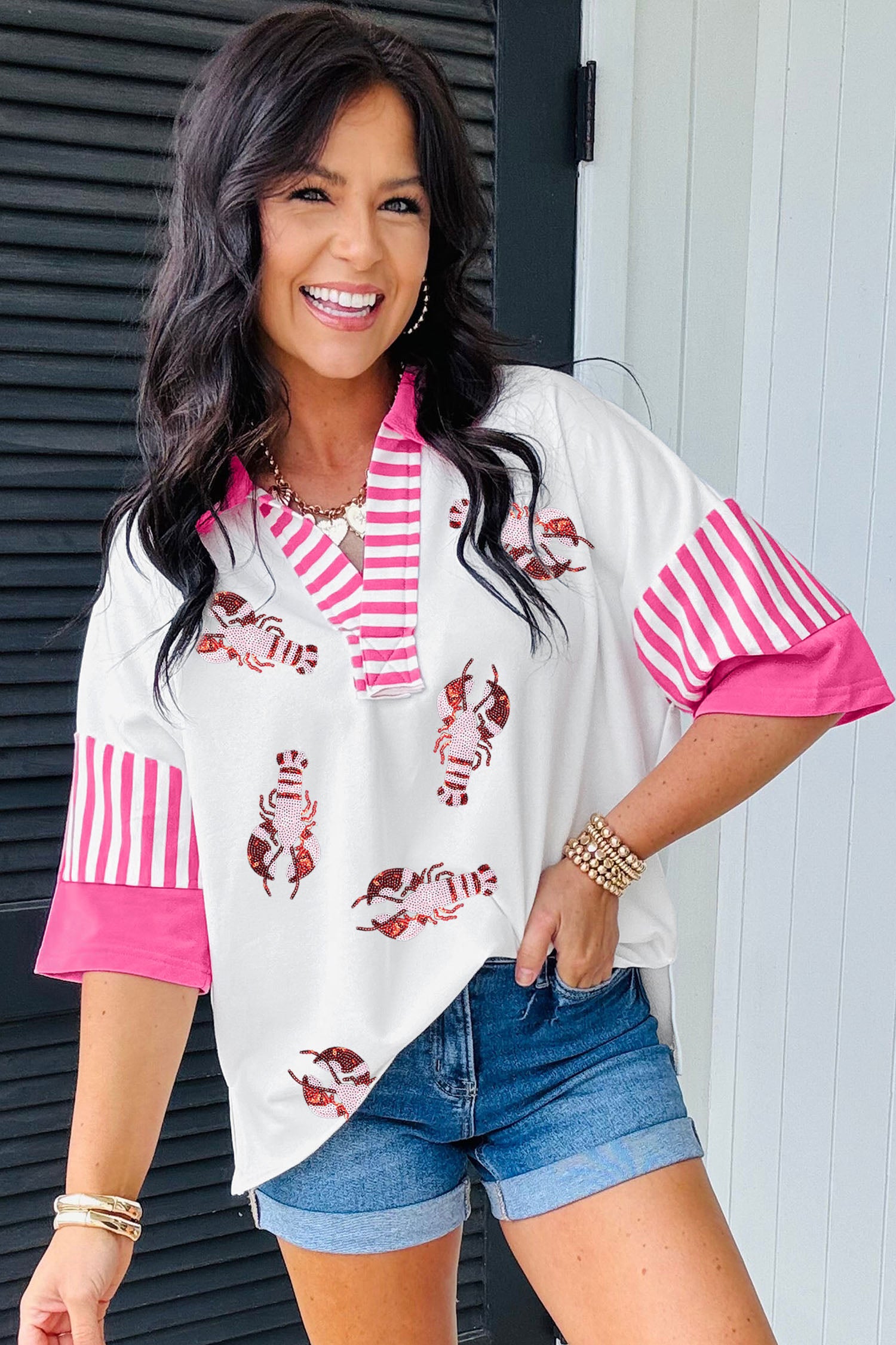 White Sequin Lobster Pattern Striped Trim V Neck Half Sleeve Polo T-Shirt