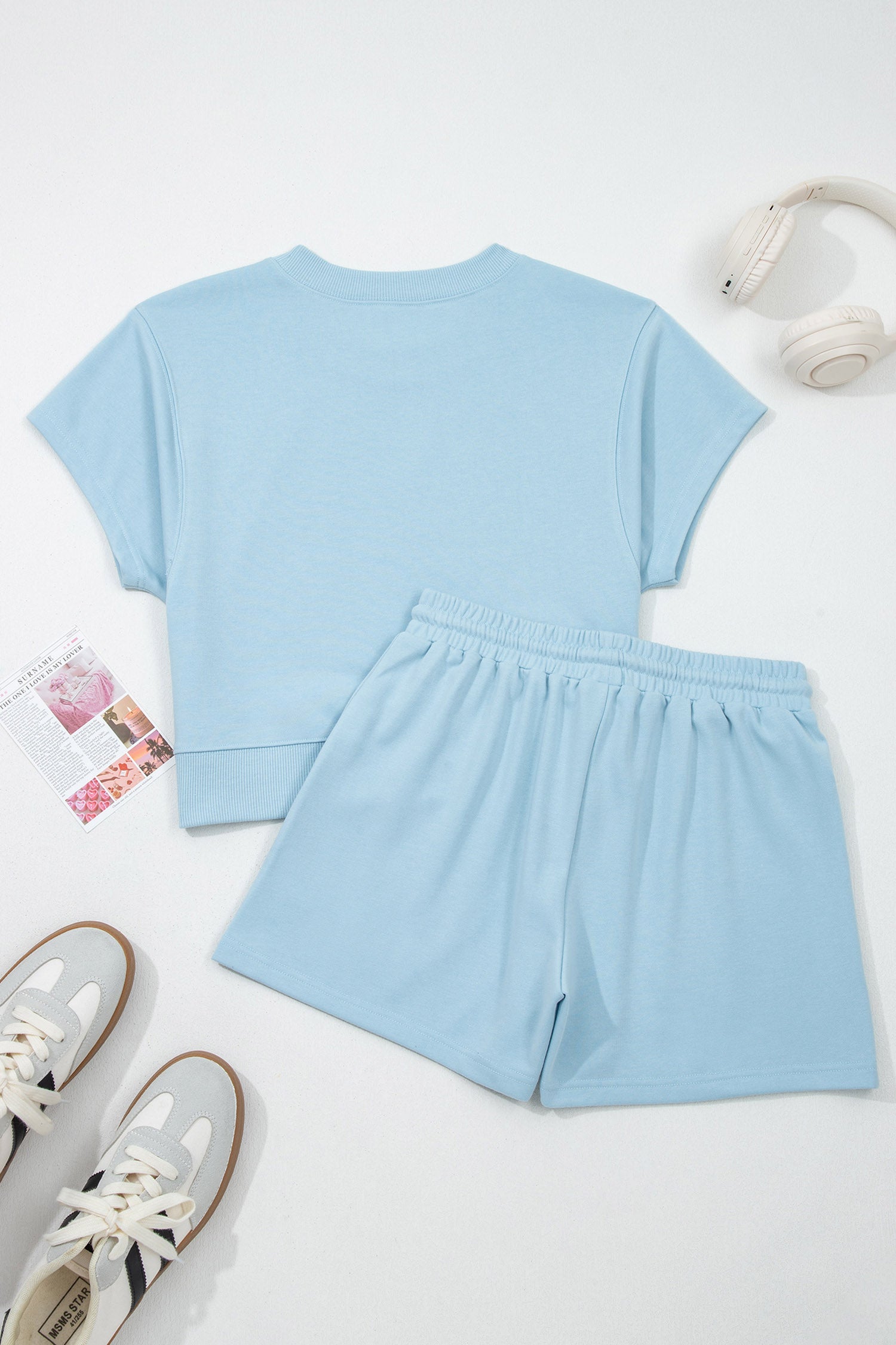 Mist Blue Sequin Pickleball Racket Print Casual Two Piece Shorts Set