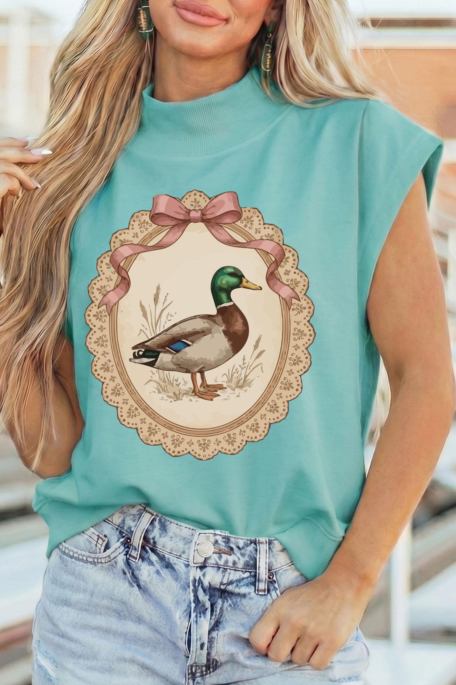 Mint Green Retro Duck Print High Neck Short Sleeve Tunic Top