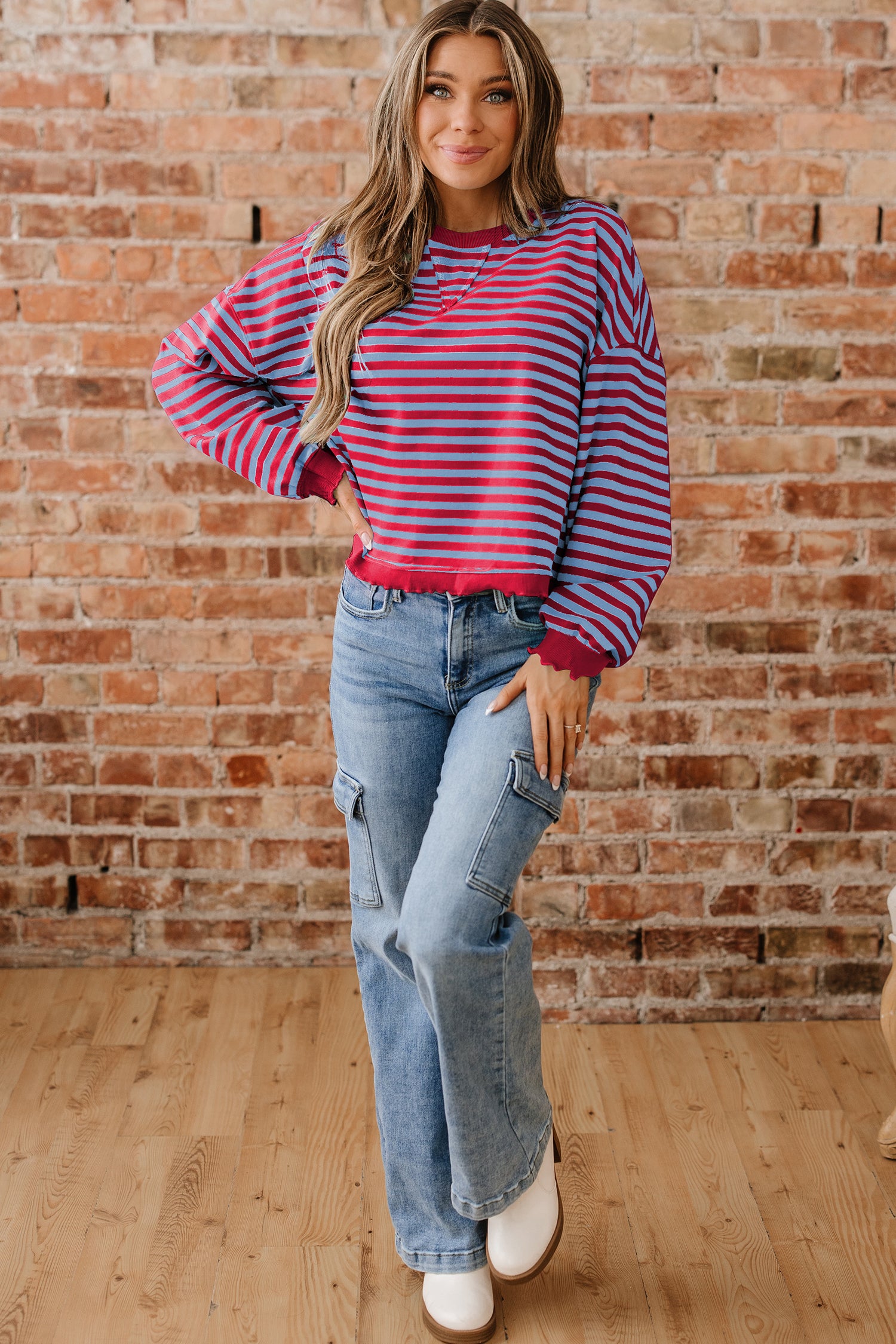 Red Stripe Exposed Seam Contrast Ribbed Trim Oversize Sweatshirt