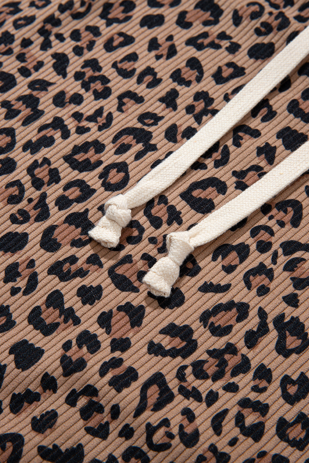 Khaki Ribbed Leopard Print Contrast Collar Zip Hooded Pullover Sweatshirt