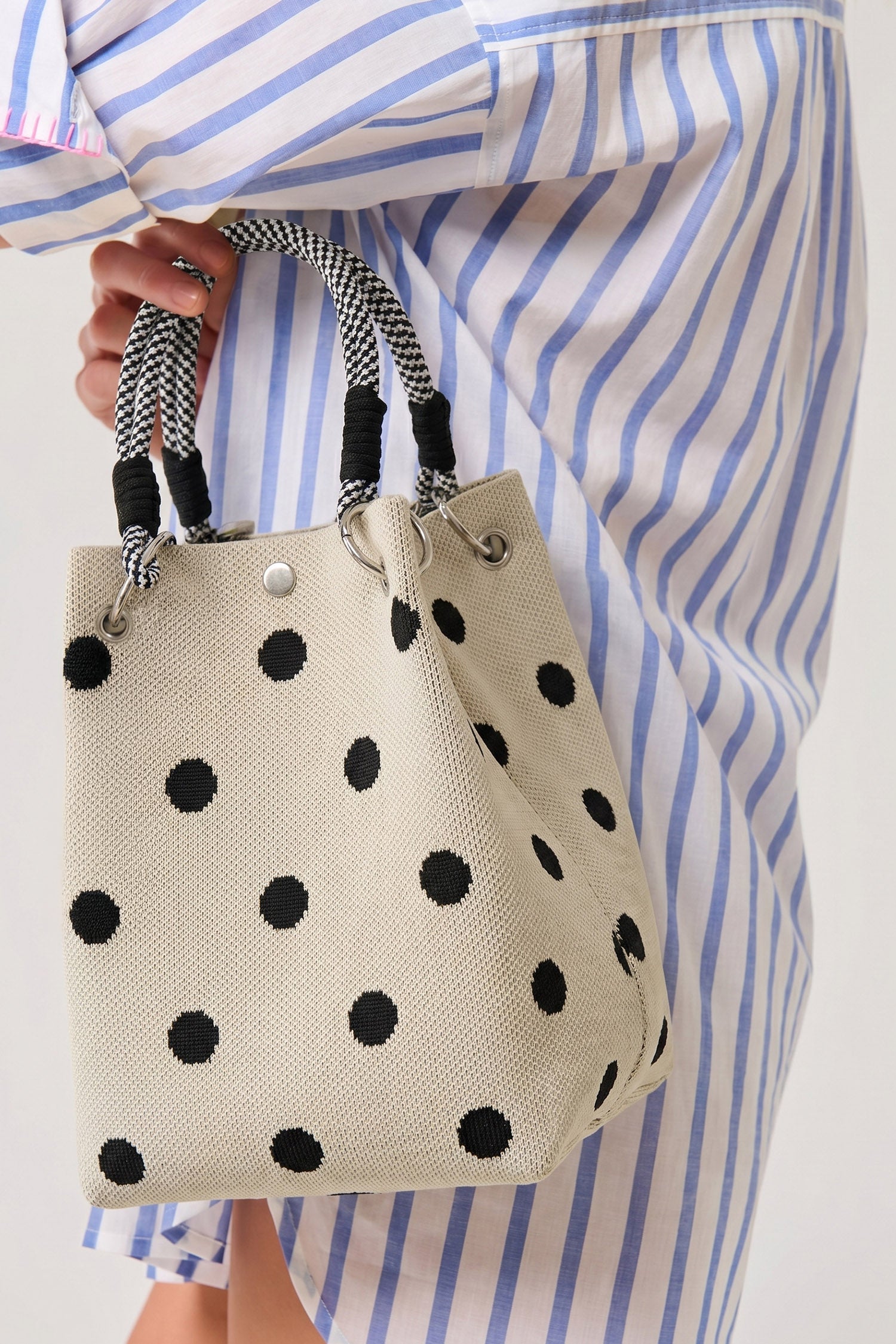 White Polka Dot Print Rope Handle Tote Bag