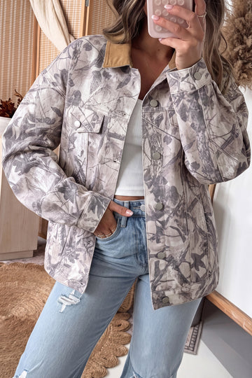 Gray Abstract Camo Print Colorblock Collar Oversized Shift Silhouette Denim Jacket