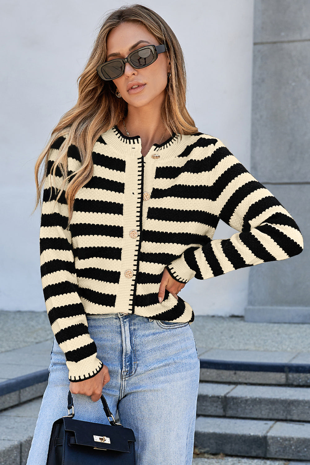 Apricot Stripe Chic Golden Button Cardigan Sweater