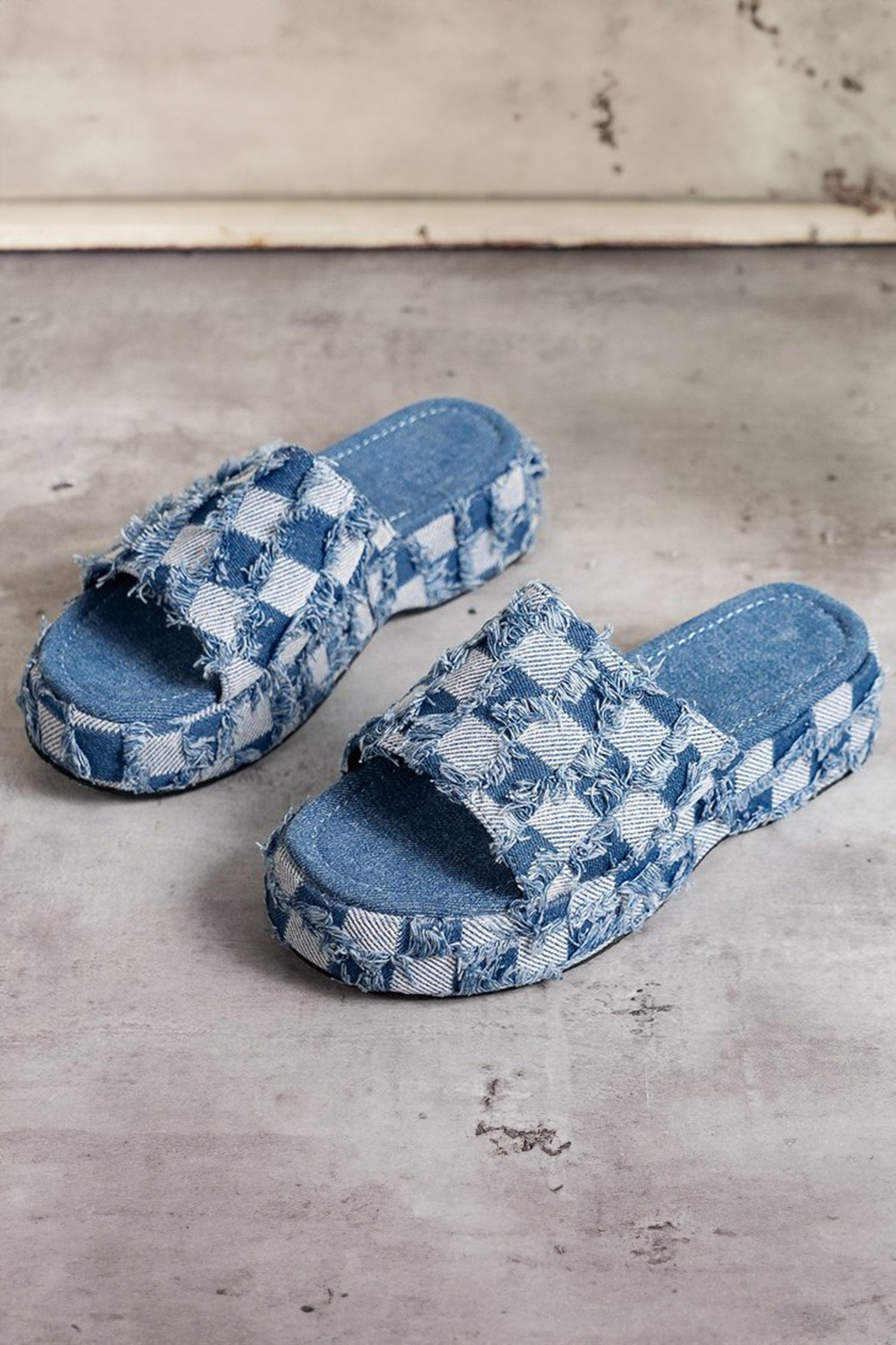 Peacock Blue Frayed Checkered Pattern Low Platform Canvas Slippers
