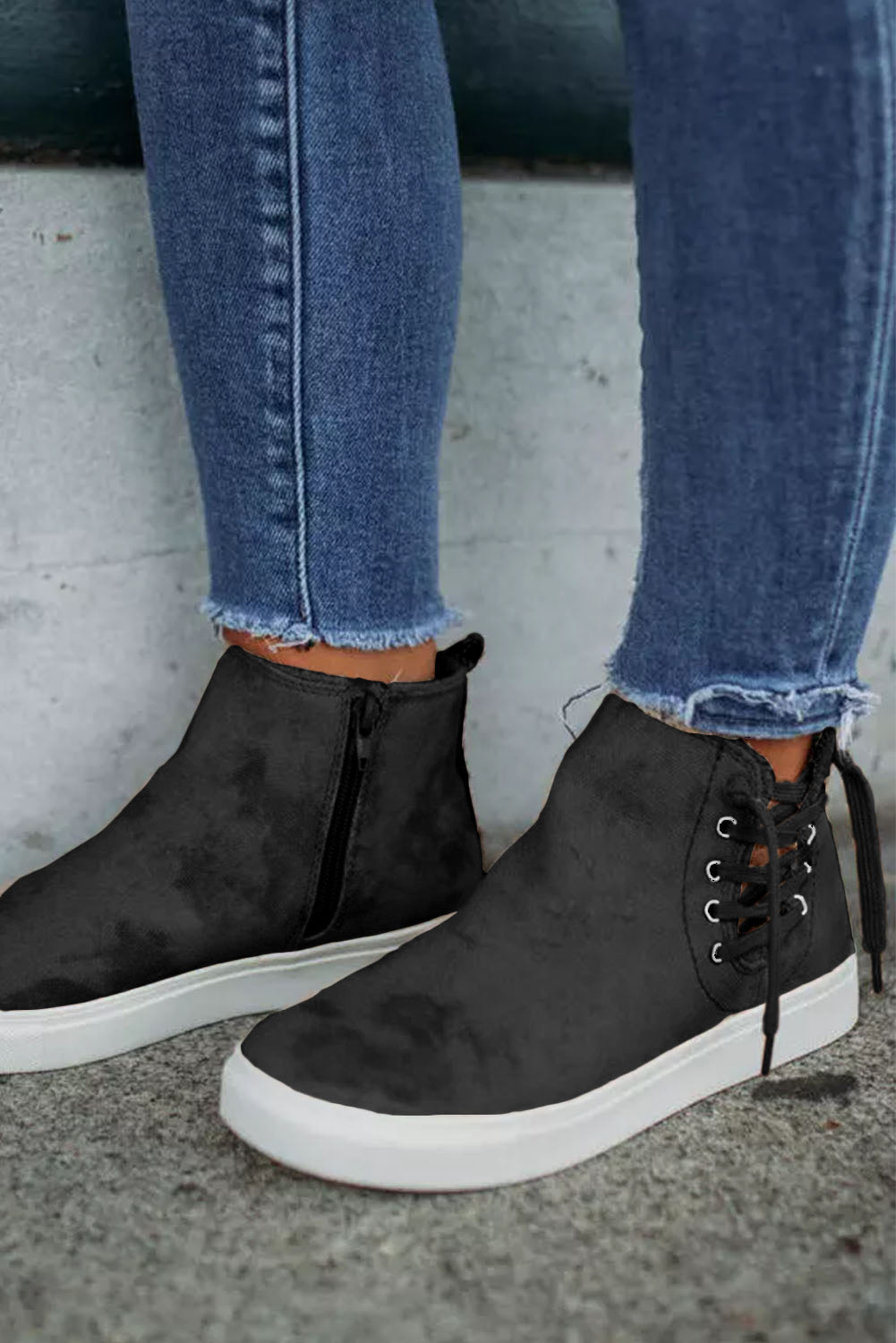 Black High Top Drawstring Zipped Slip-on Sneakers