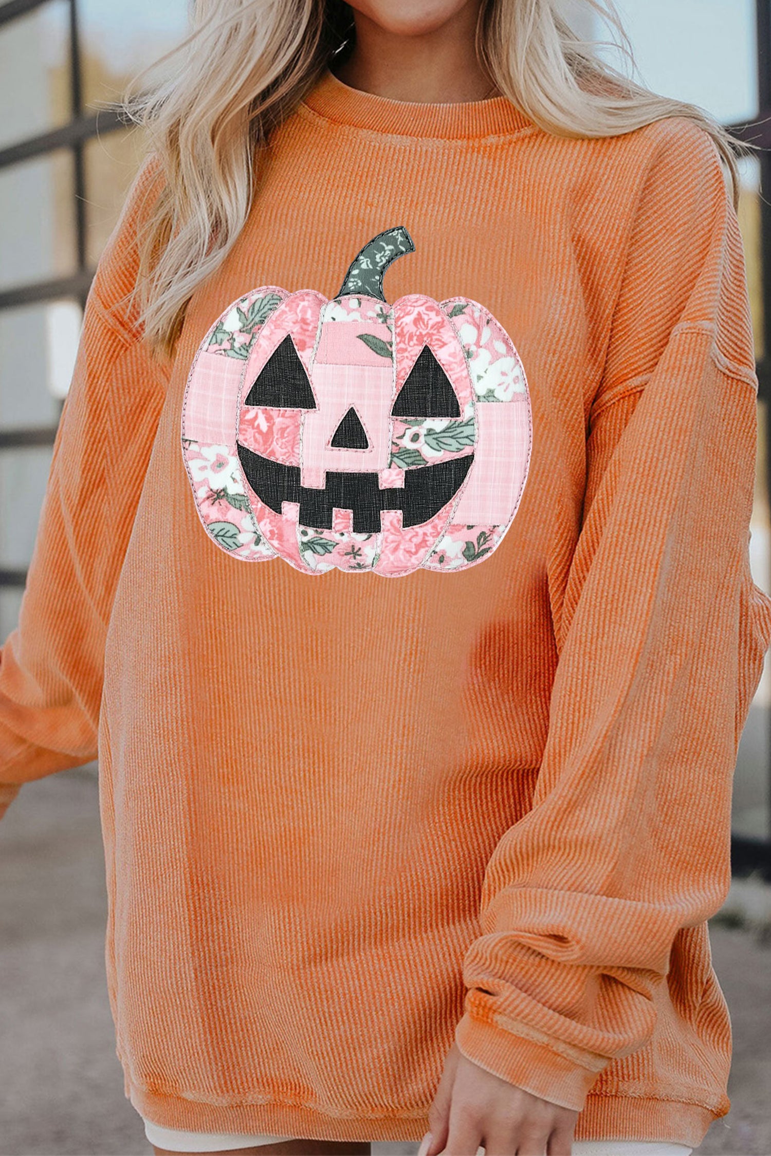 Orange Patchwork Pumpkin Graphic Corded Ribbed Round Neck Tunic Sweatshirt