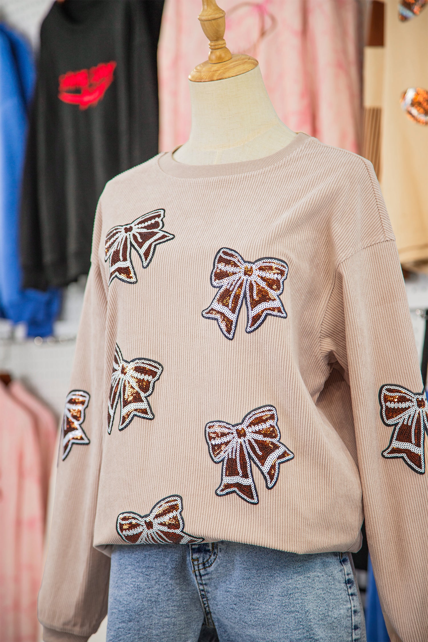 Apricot Oversize Sequin Bow Patched Corded Sweatshirt