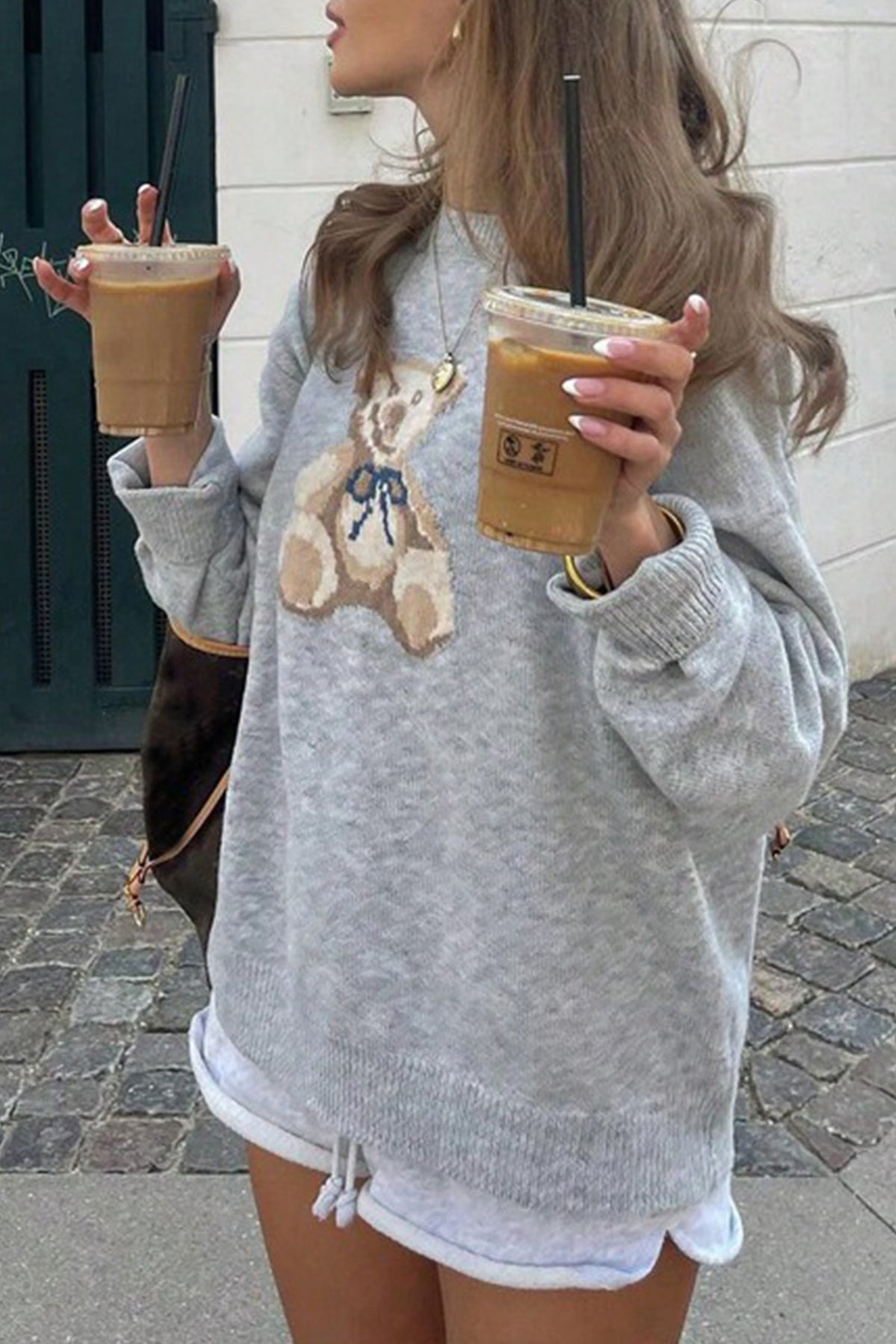 Light Grey Casual Teddy Bear Print Dropped Shoulder Relaxed Pullover Sweater