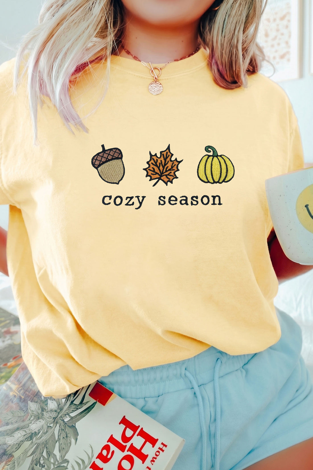 Yellow Cream Embroidered Cozy Season Short Sleeve Casual T Shirt