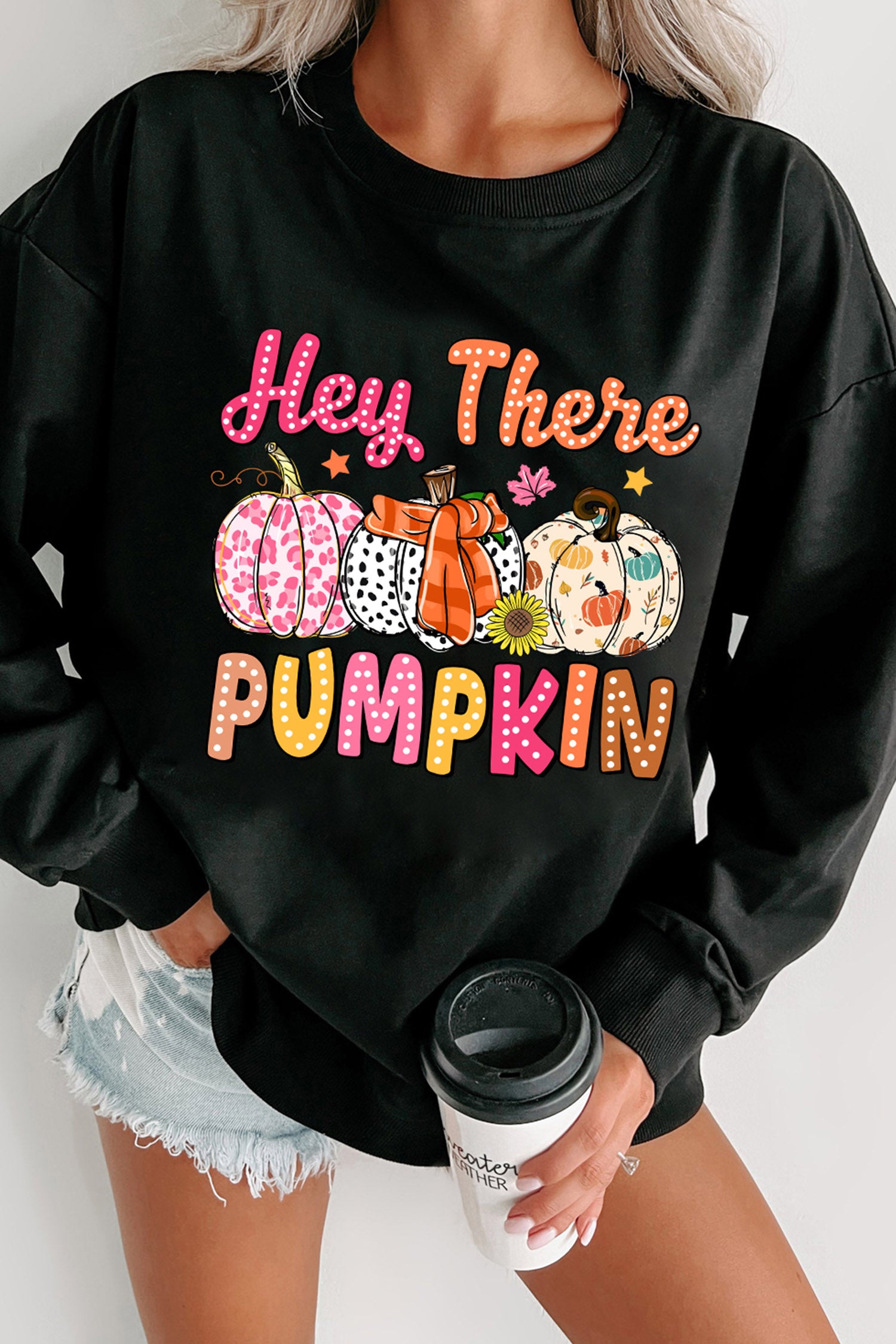 Black Cozy Autumn Pumpkin Print Relaxed Pullover Sweatshirt