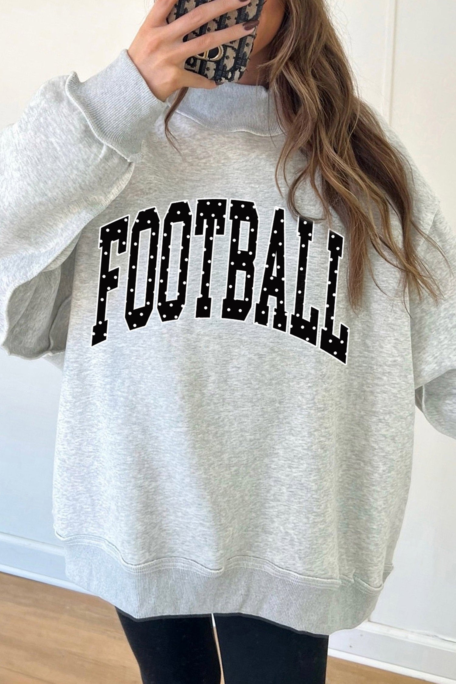 Light Grey Polka Dot Football Letter Print Mock Neck Long Sleeve Pullover Sweatshirt