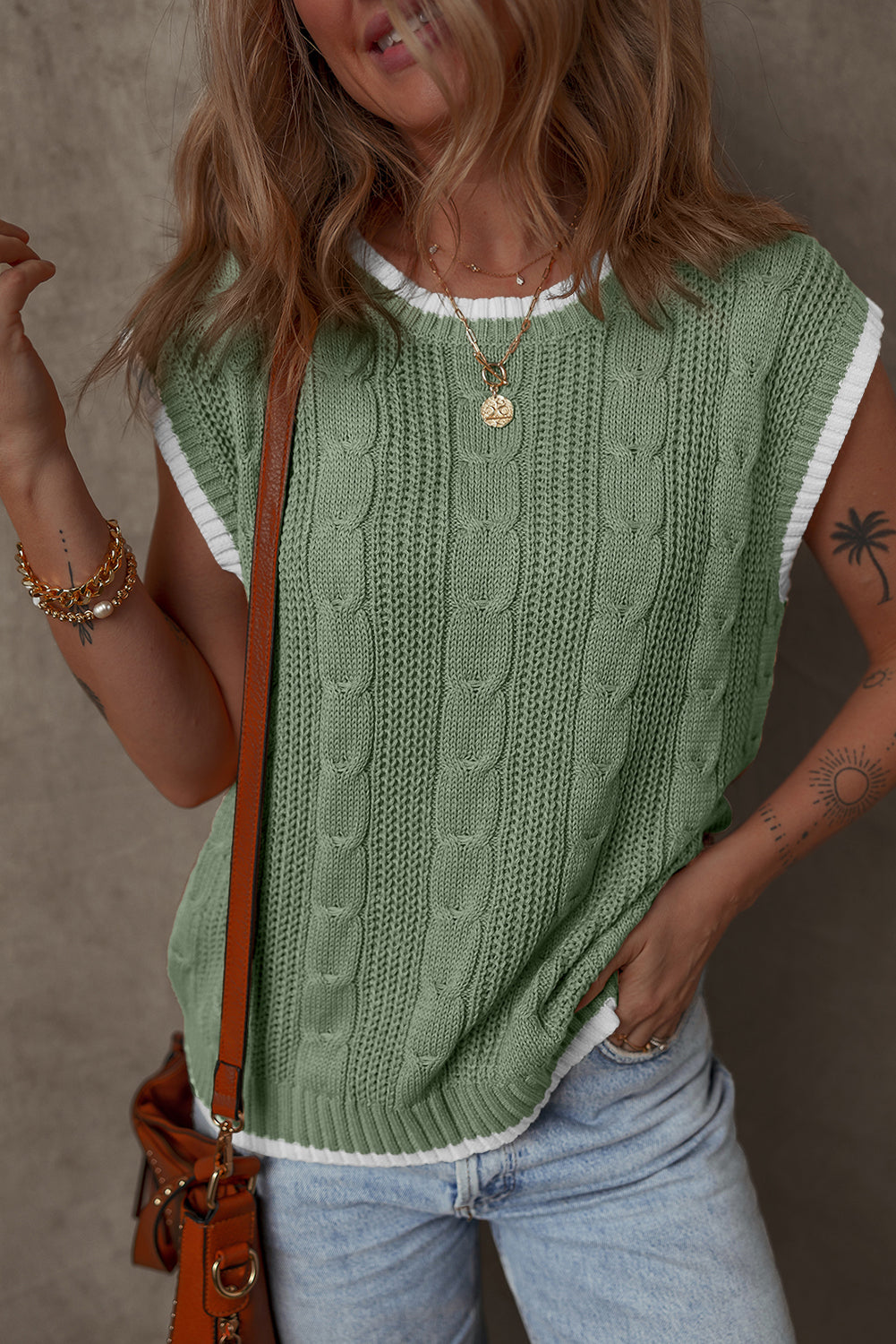 Smoke Green Cable Ribbed Knit Contrast Trim Loose Sweater Vest