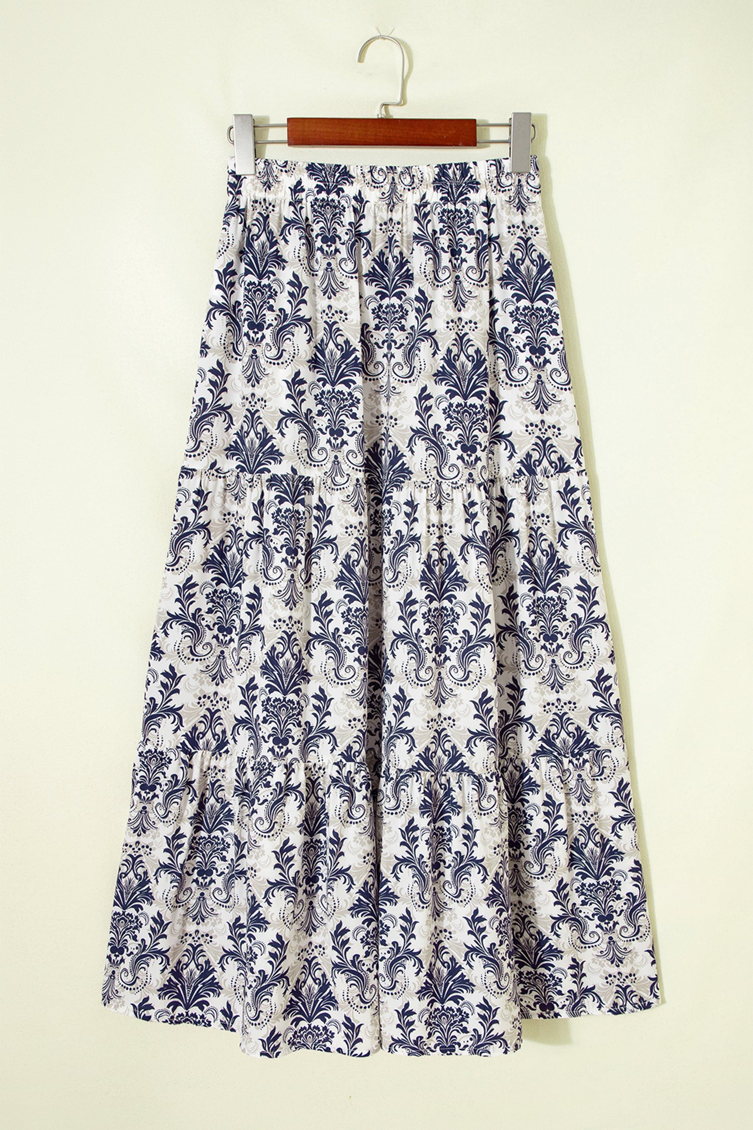 Blue Bohemian Floral Print Tiered Maxi Skirt with Split