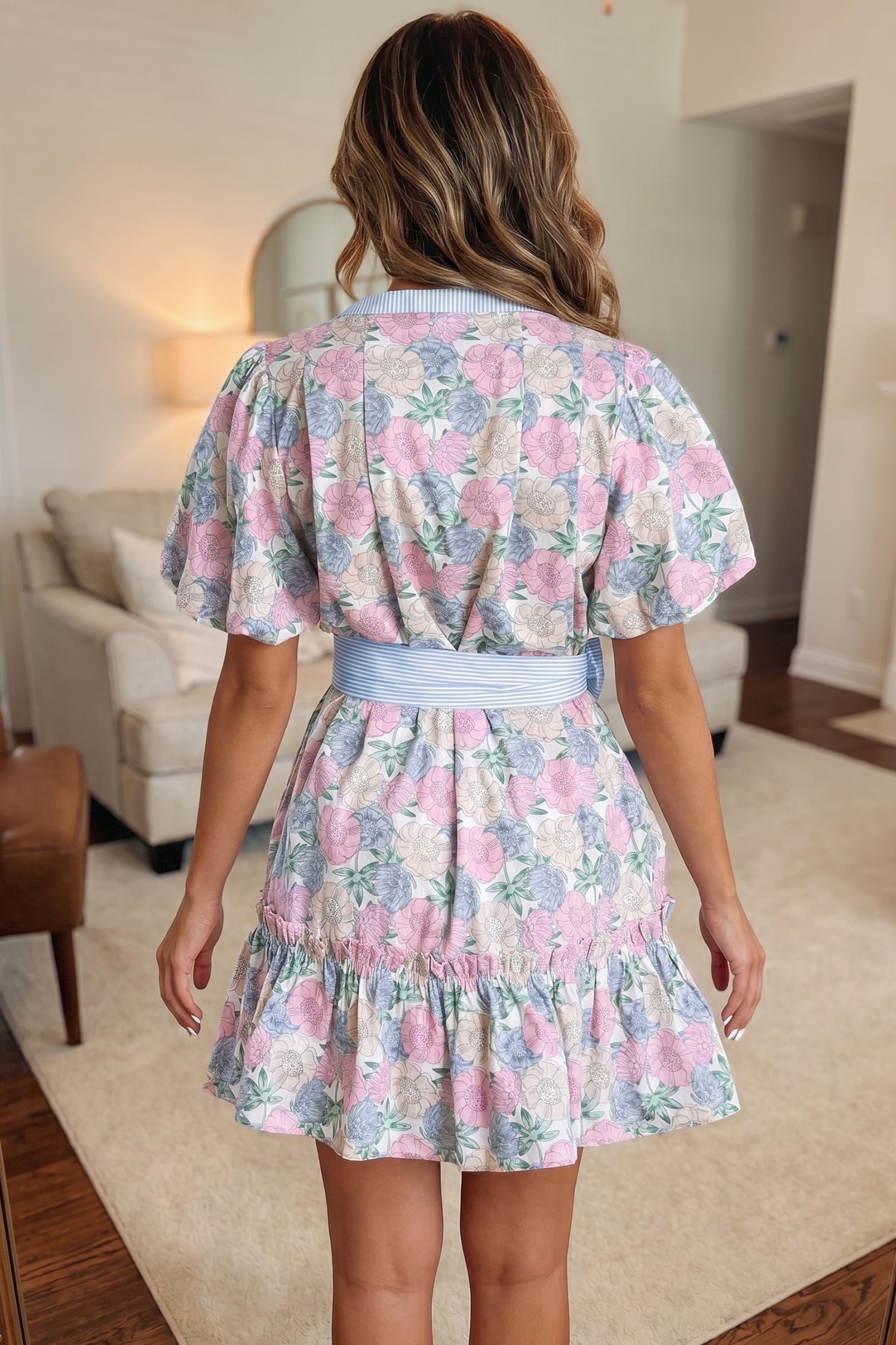White Floral Print Striped Contrast Trim Belted Short Dress
