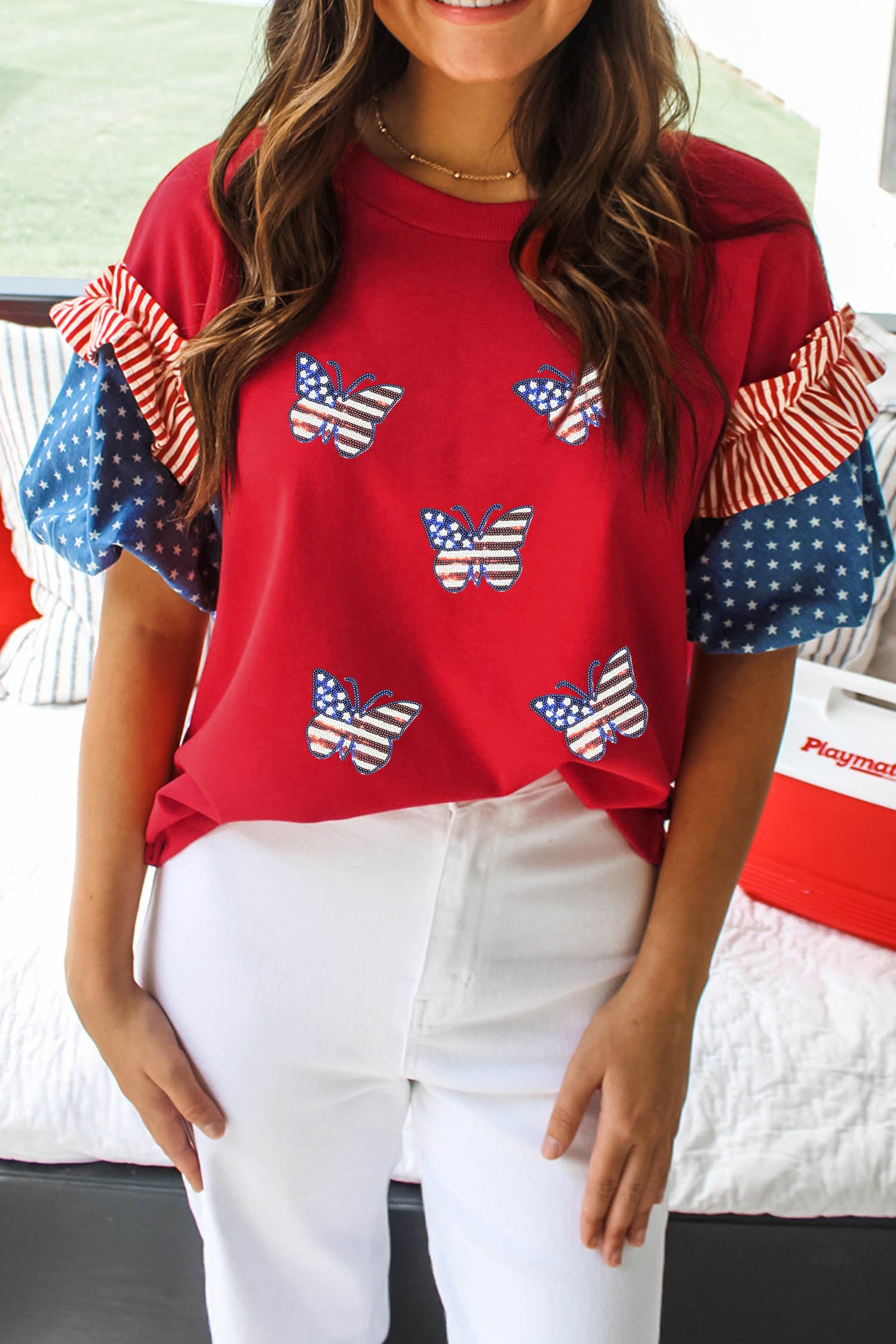 Fiery Red Patriotic Sequin Butterfly Contrast Short Sleeve Top