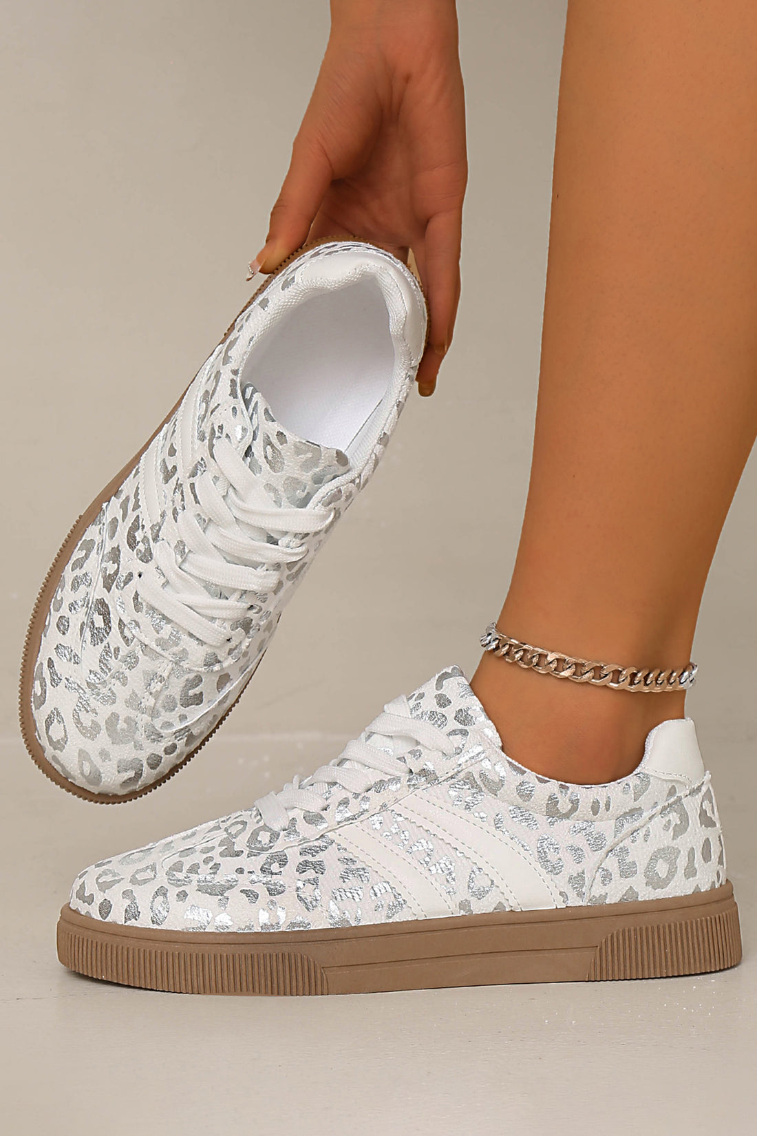 Silvery Metallic Leopard Print Lace Up Flat Shoes