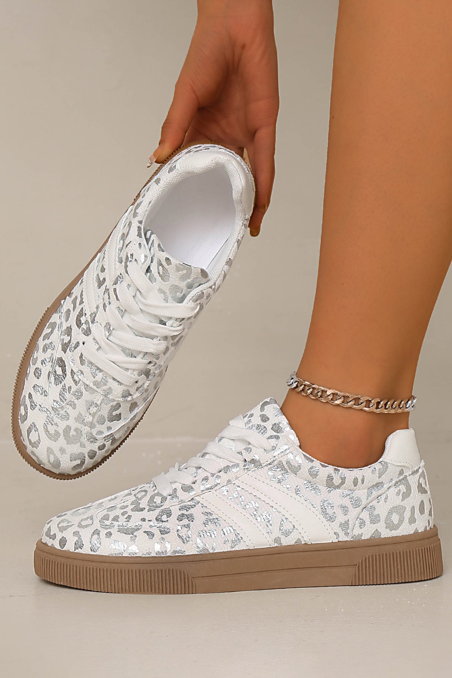 Silvery Metallic Leopard Print Lace Up Flat Shoes