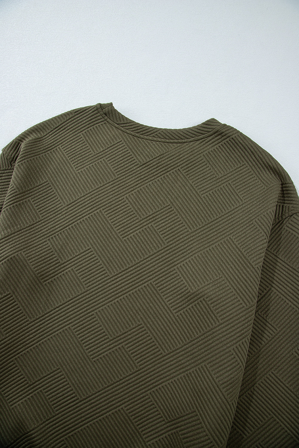 Jungle Green Solid Color Textured Round Neck Drop Shoulder Pullover Sweatshirt