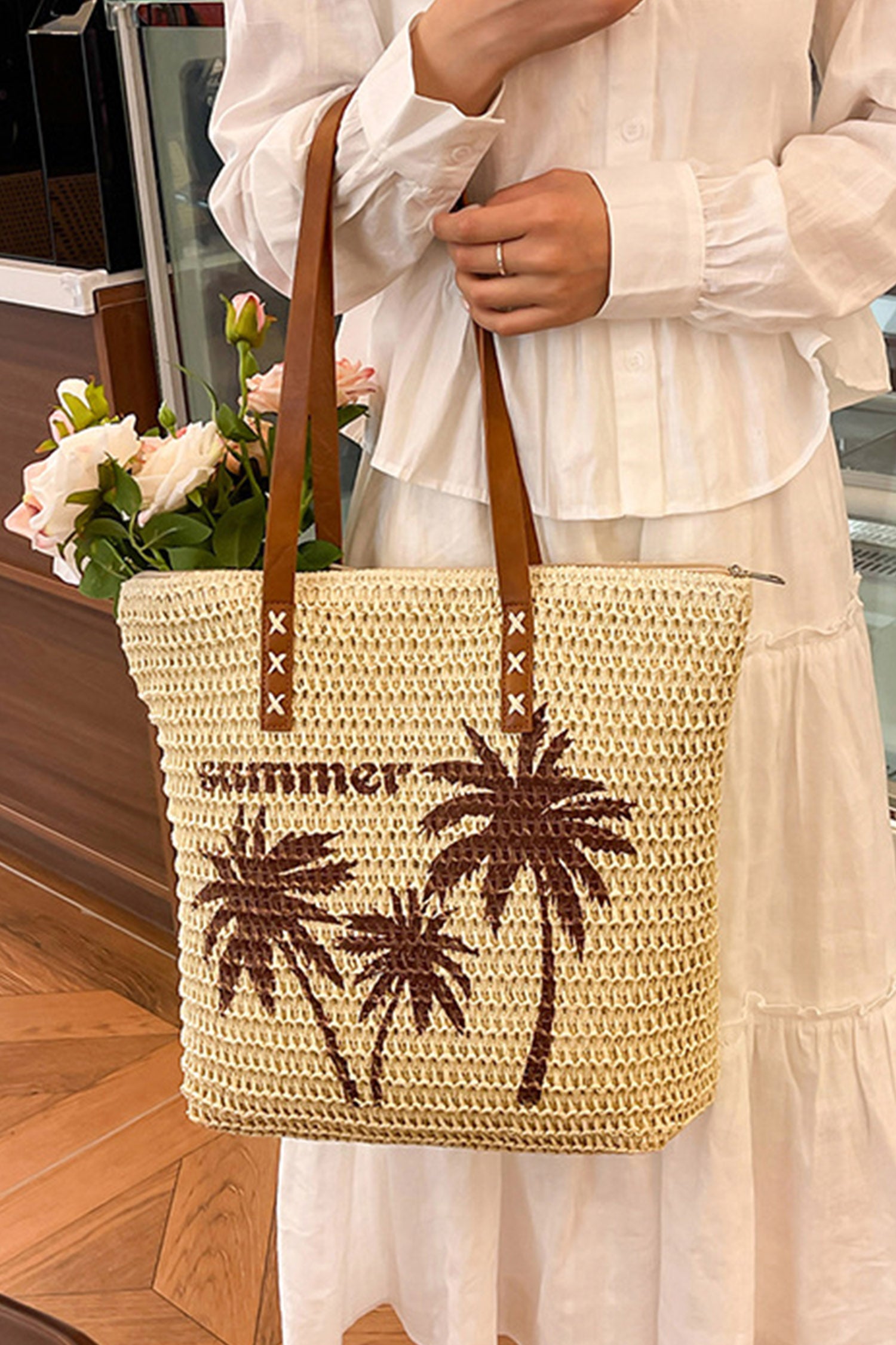 Khaki Straw Woven Summer Palm Tree Print Vacation Tote Bag