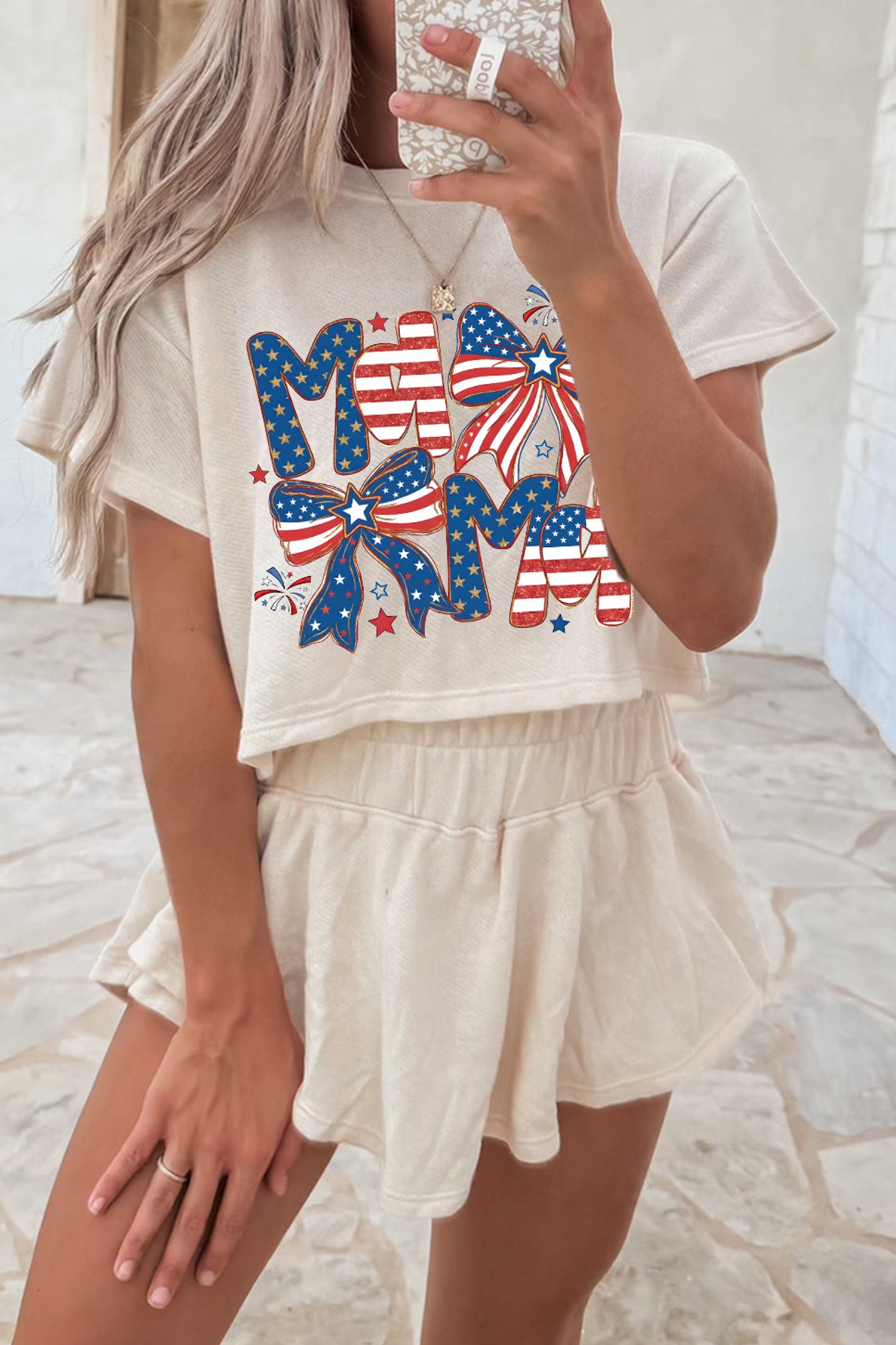 Beige Coquette Bow Patriotic MAMA Printed Crop Top Ruffle Skort Set