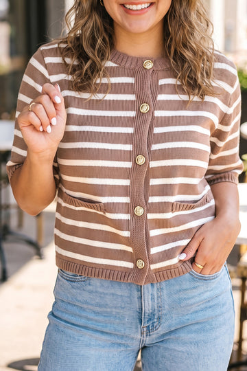 Khaki Stripe Button Down Short Sleeve Knit Plus Size Cardigan