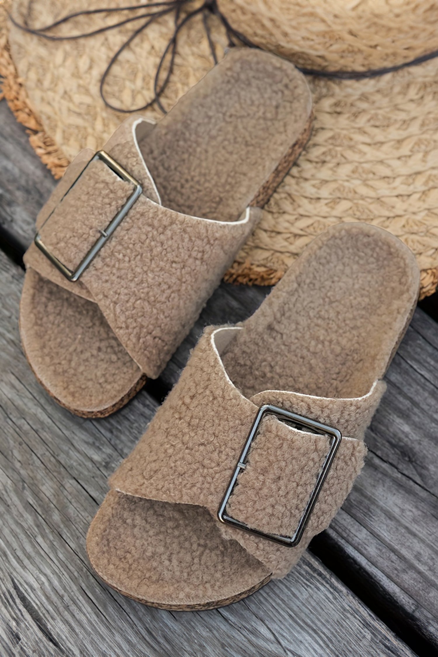 Light French Beige Sherpa Suede Metal Buckle Crossed Band Slippers
