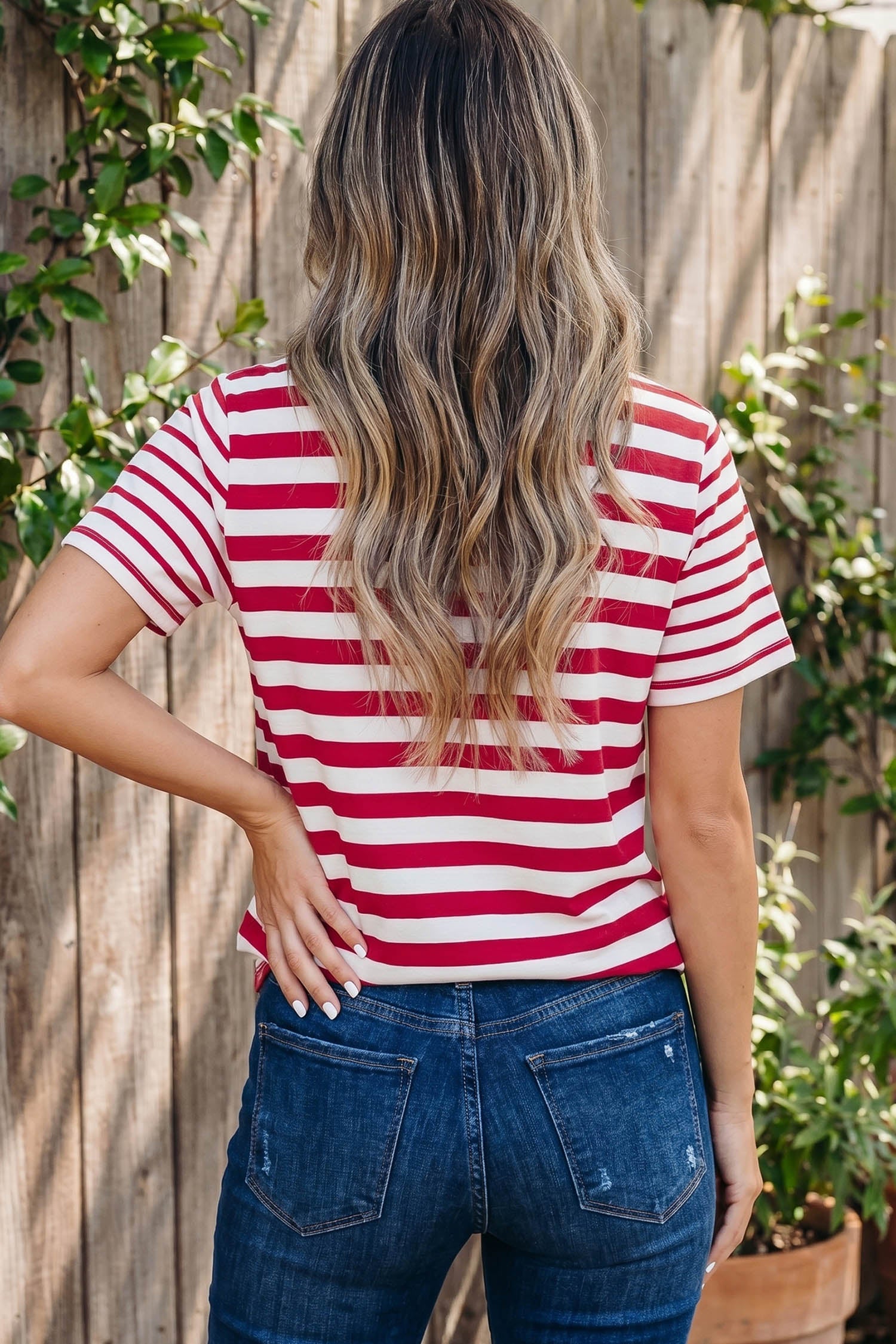 Red Stripe Contrast Sleeves Sequin Stars Patriotic T Shirt