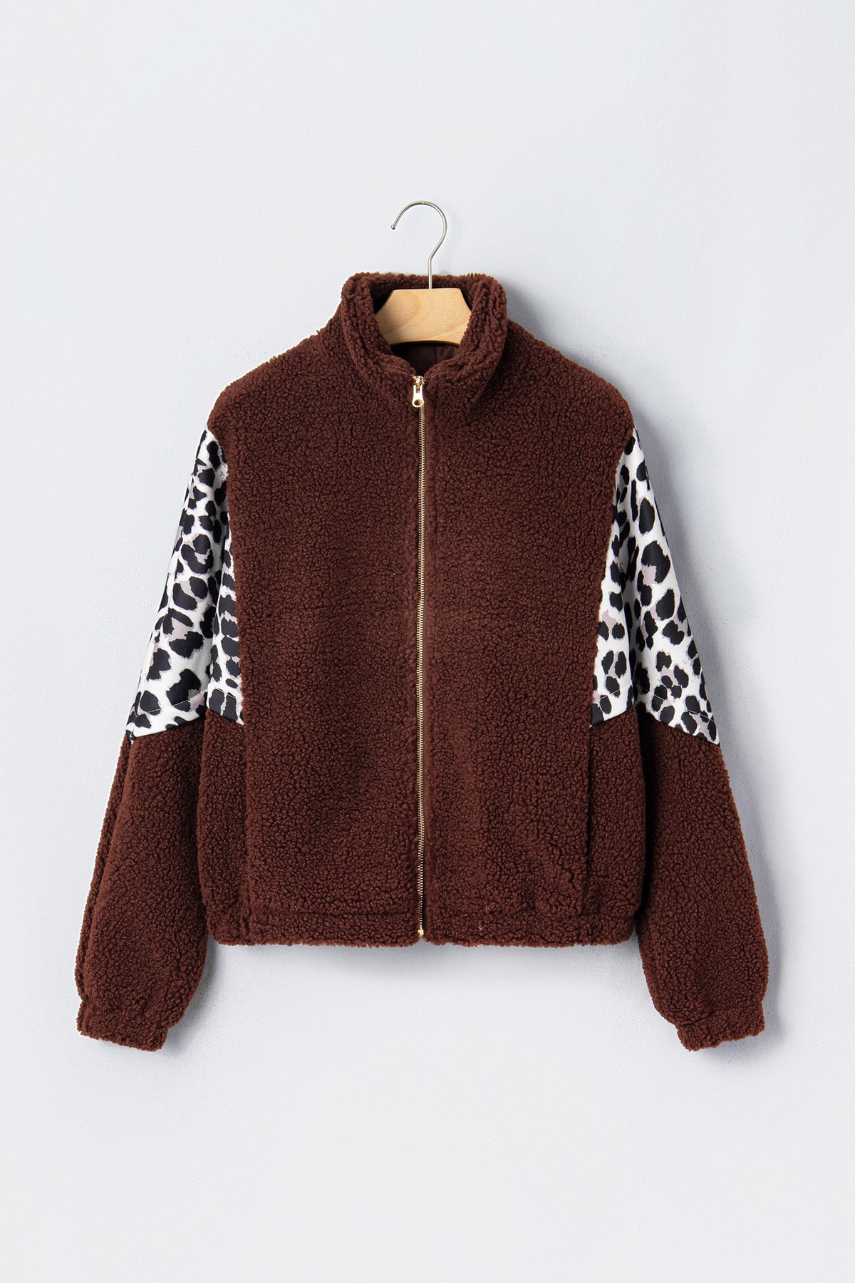 Coffee Leopard Patchwork Fleece Western Style Zip-up Collar Jacket