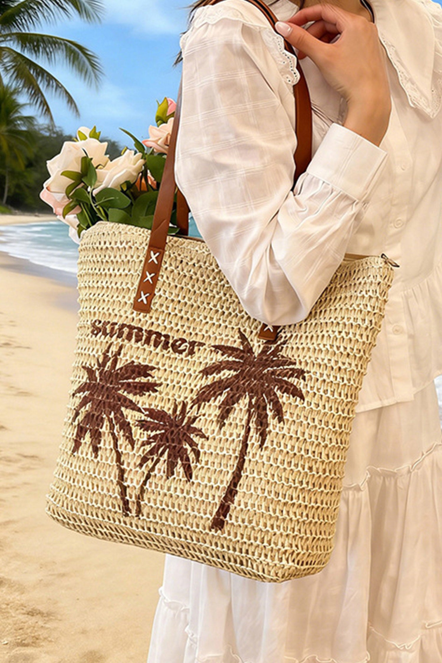Khaki Straw Woven Summer Palm Tree Print Vacation Tote Bag
