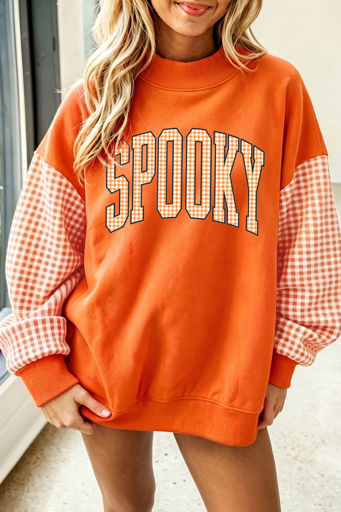 Russet Orange Plaid Contrast Sleeve SPOOKY Letter Graphic Pullover Sweatshirt