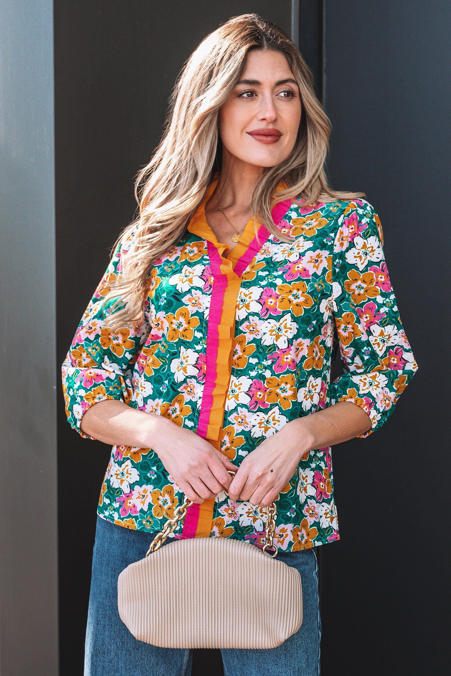 Green Floral Print Contrast Trim Frilled V Neck 3/4 Sleeve Blouse